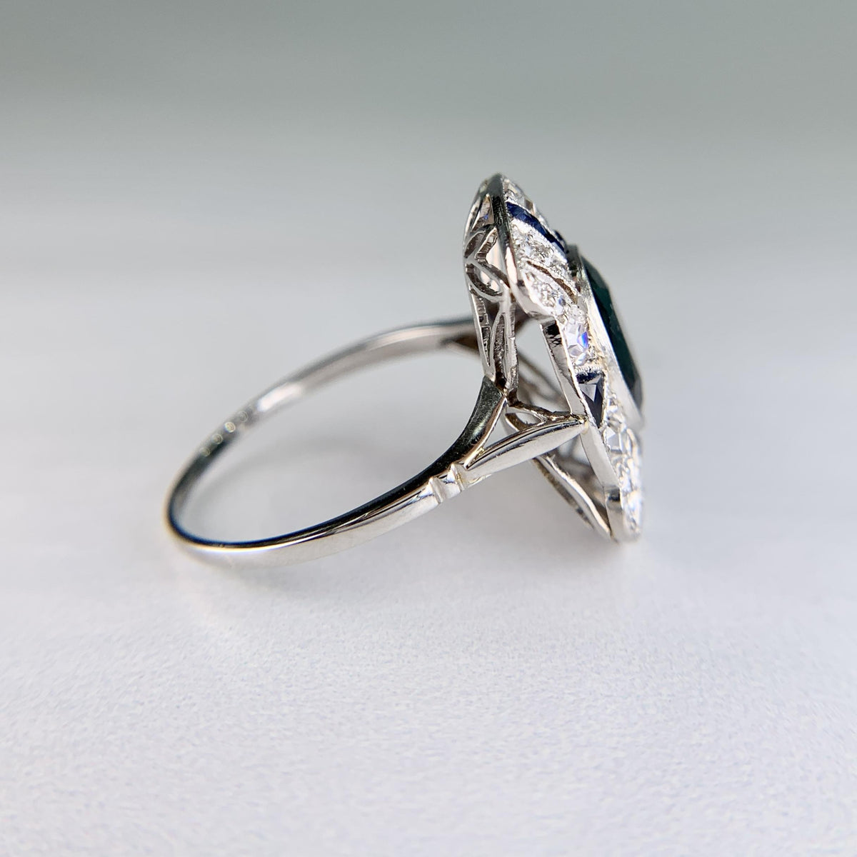 1930's Art Deco Sapphire and Old Cut Diamond Shield Ring Platinum