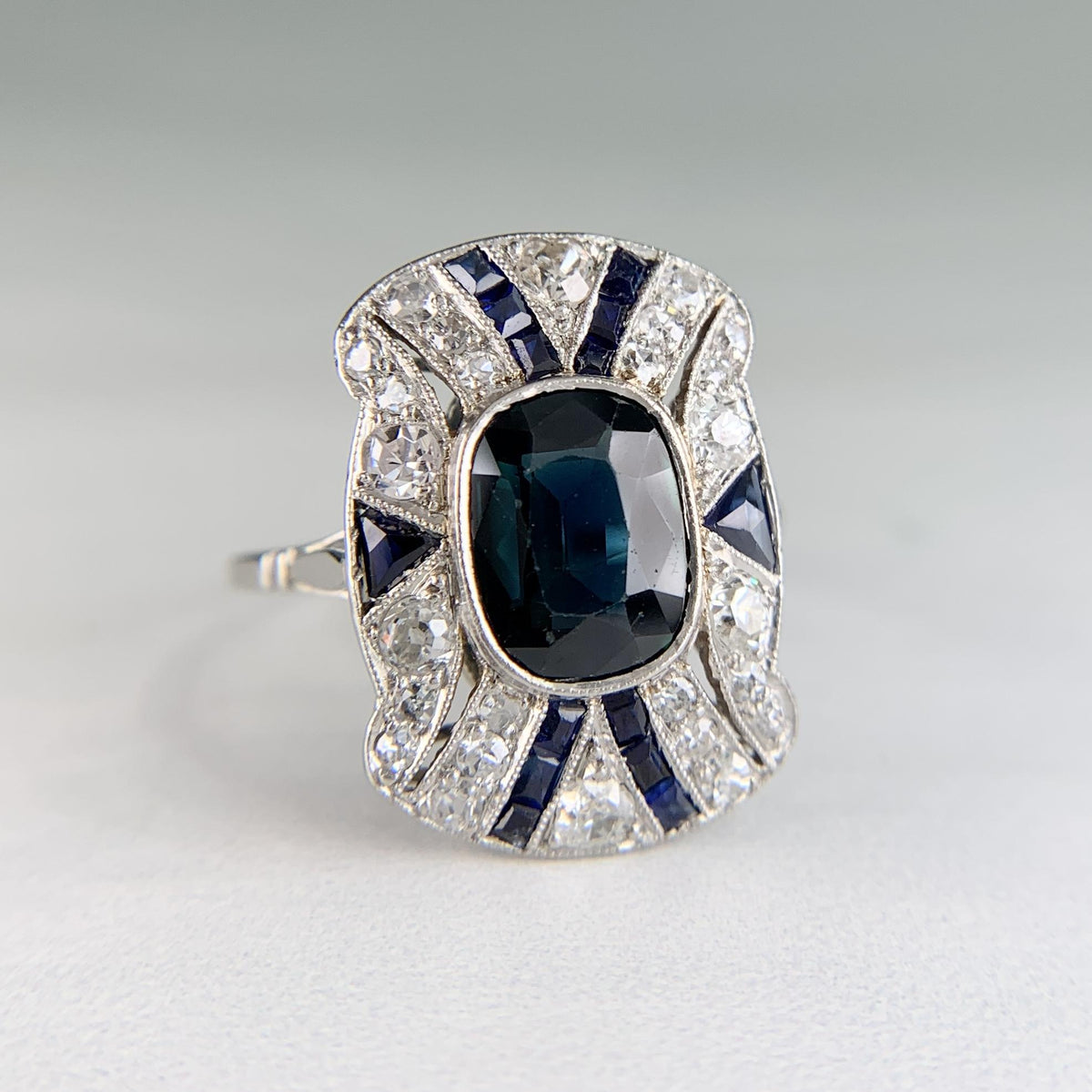 1930's Art Deco Sapphire and Old Cut Diamond Shield Ring Platinum