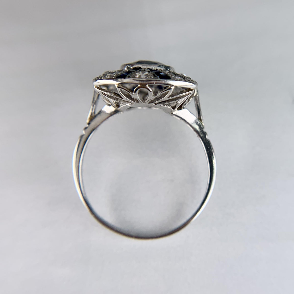 1930's Art Deco Sapphire and Old Cut Diamond Shield Ring Platinum