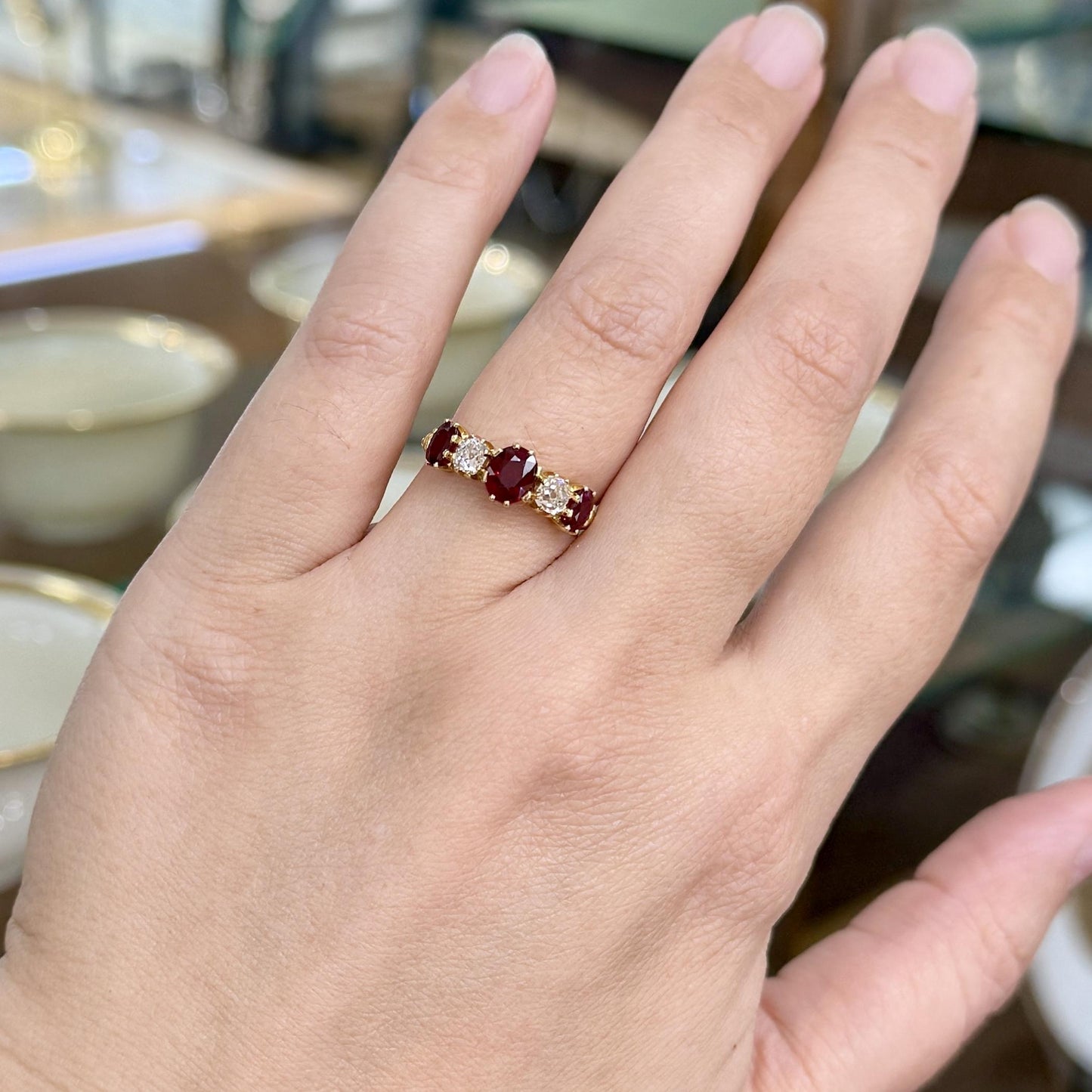 Antique 1910 Edwardian Ruby and Old Mine Cut Diamond Band Ring 18k Yellow Gold