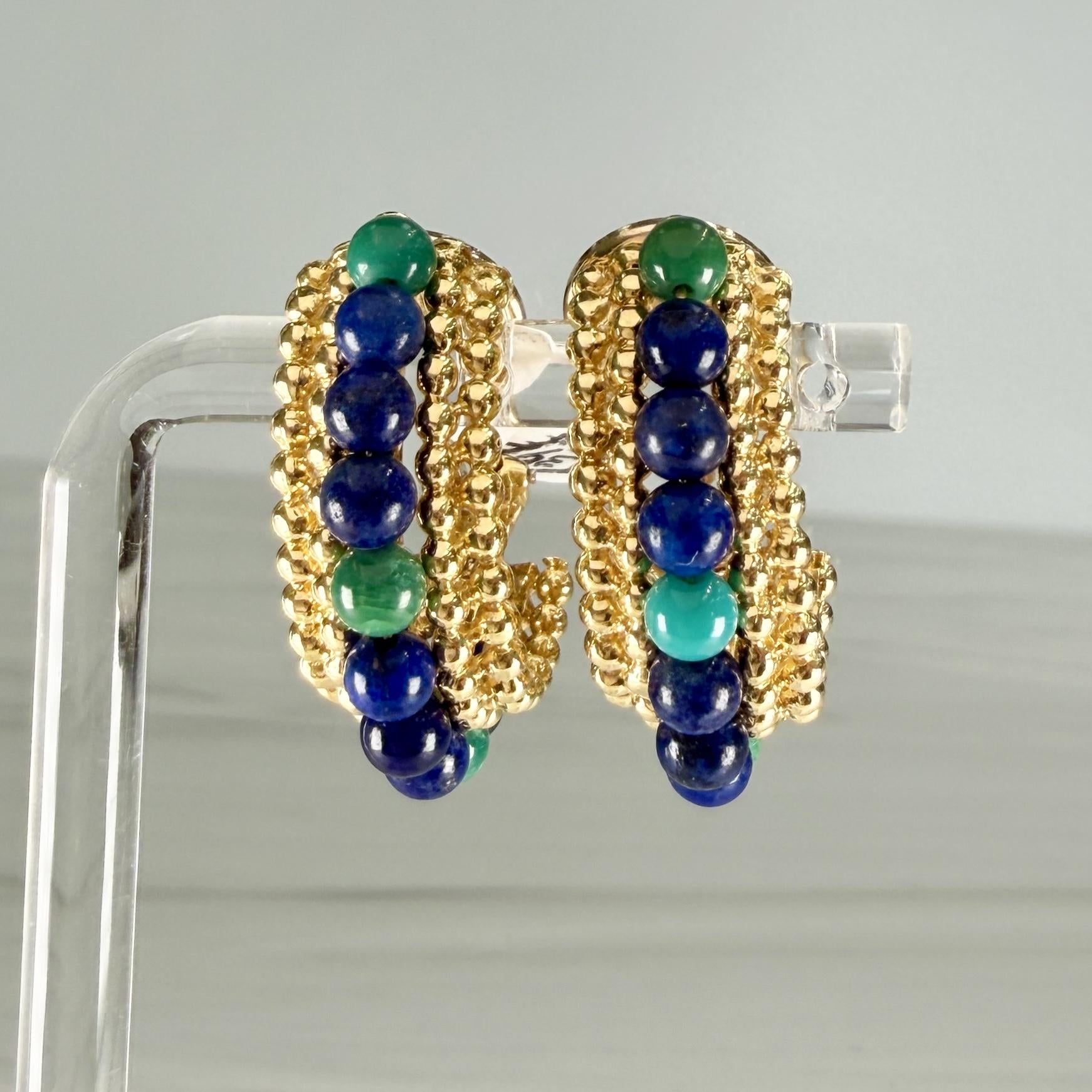 Vintage Lapis and Chrysocolla Beaded Half Hoop Clip On Earrings 14k/18k