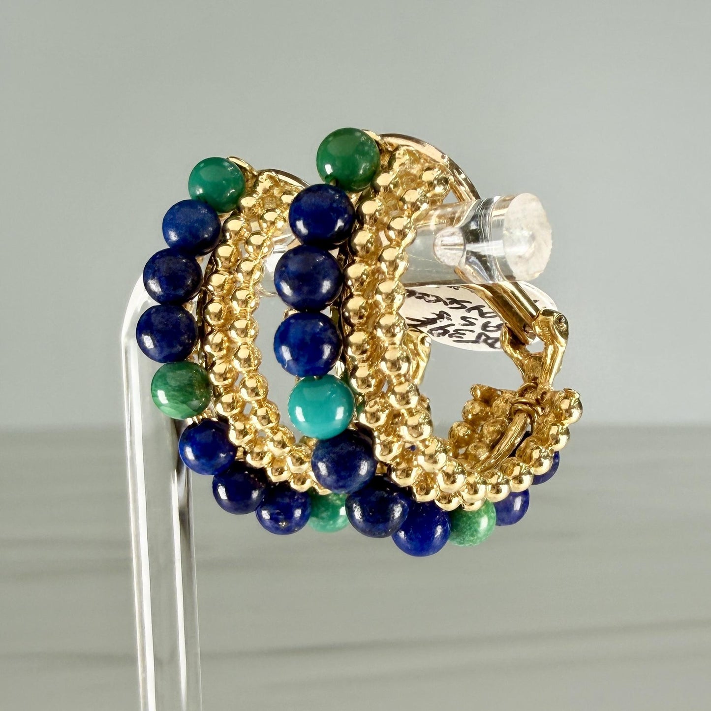 Vintage Lapis and Chrysocolla Beaded Half Hoop Clip On Earrings 14k/18k