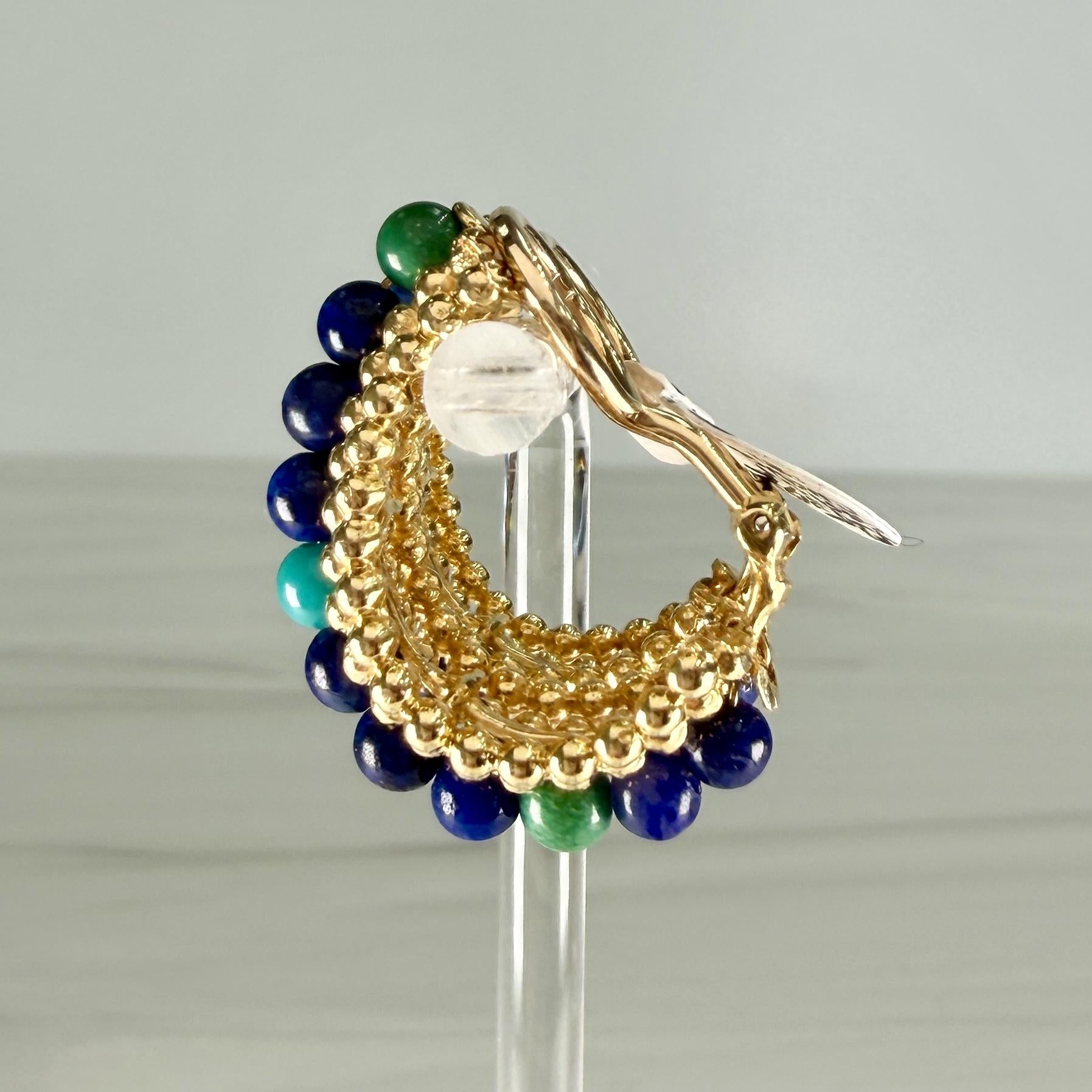 Vintage Lapis and Chrysocolla Beaded Half Hoop Clip On Earrings 14k/18k