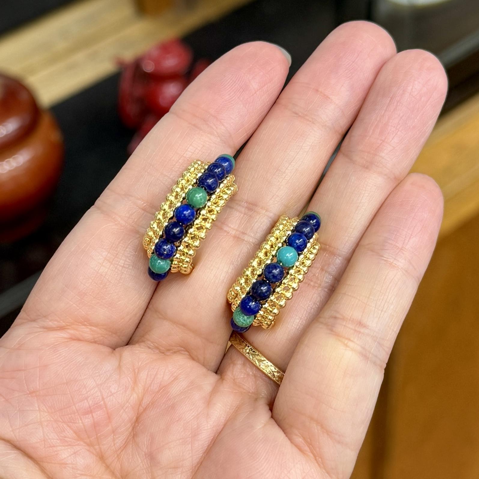 Vintage Lapis and Chrysocolla Beaded Half Hoop Clip On Earrings 14k/18k