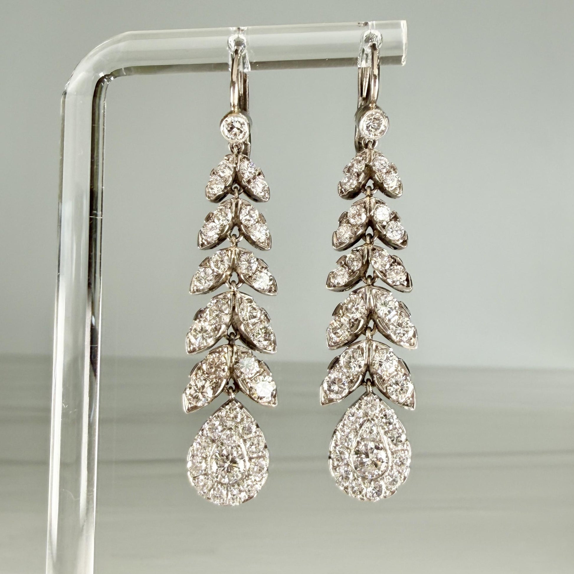 1950's Diamond Leaf Drop Dangle Earrings 18k/Platinum