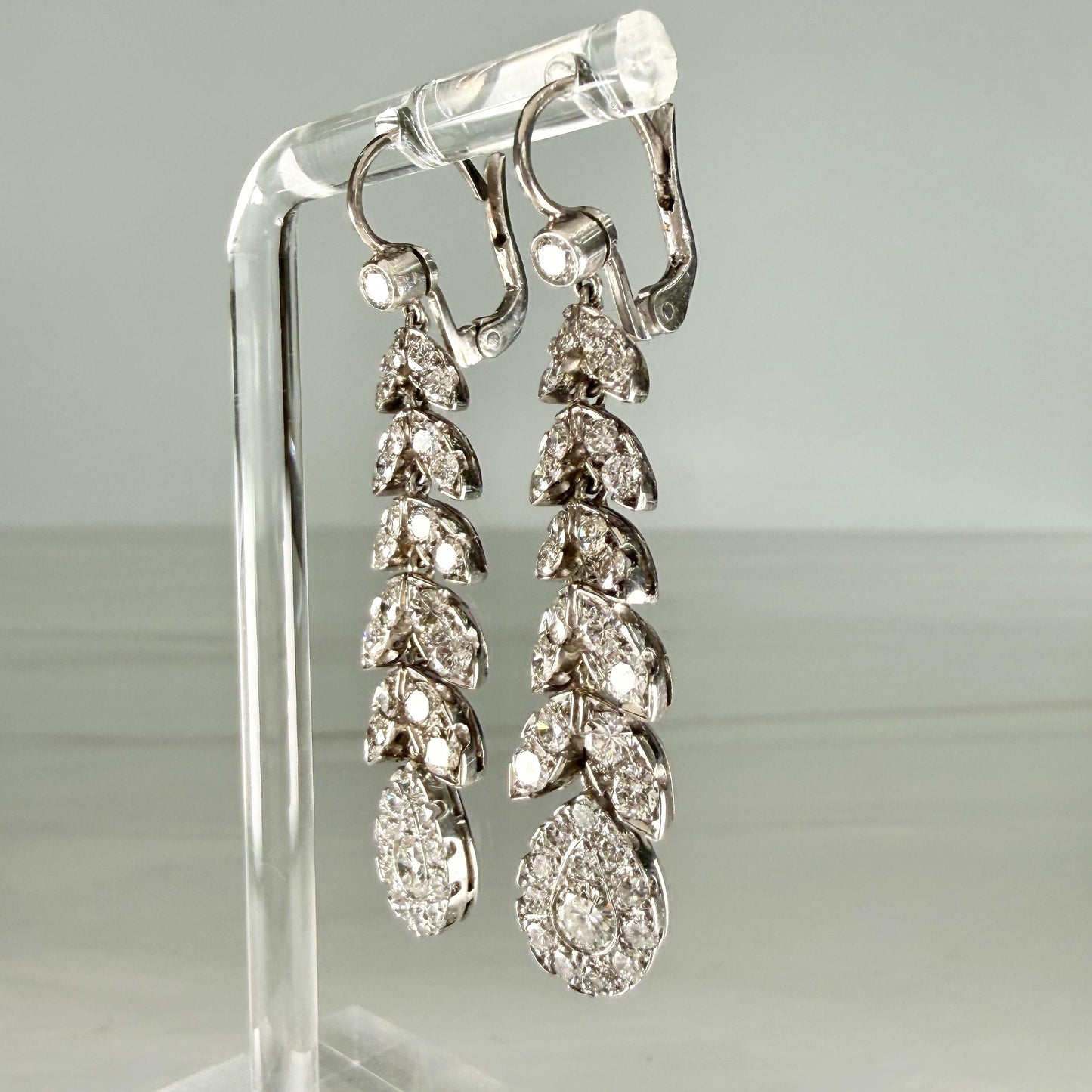 1950's Diamond Leaf Drop Dangle Earrings 18k/Platinum