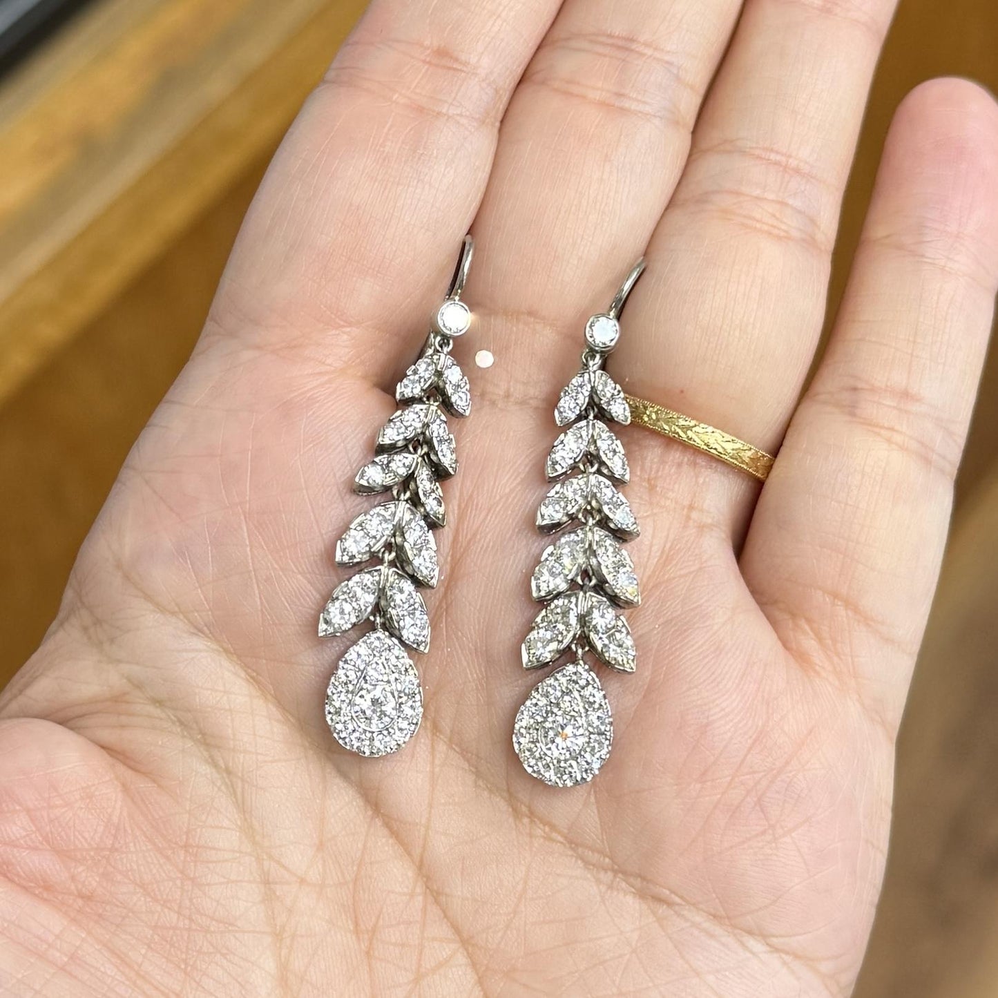 1950's Diamond Leaf Drop Dangle Earrings 18k/Platinum