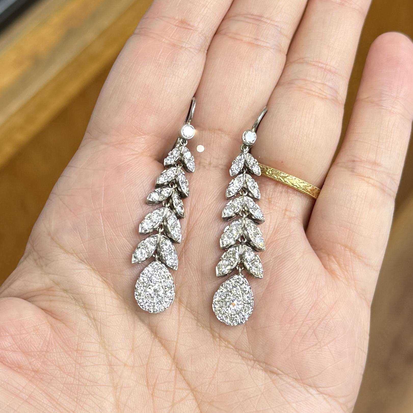 1950's Diamond Leaf Drop Dangle Earrings 18k/Platinum