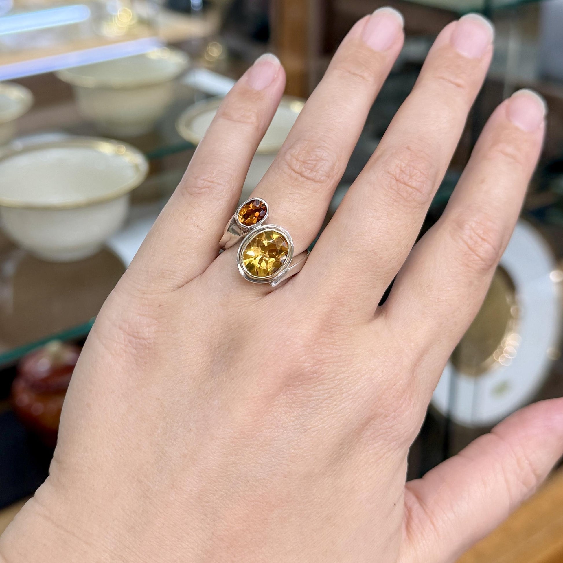 Rigoberto Double Citrine Bypass Ring Sterling/14k Yellow Gold