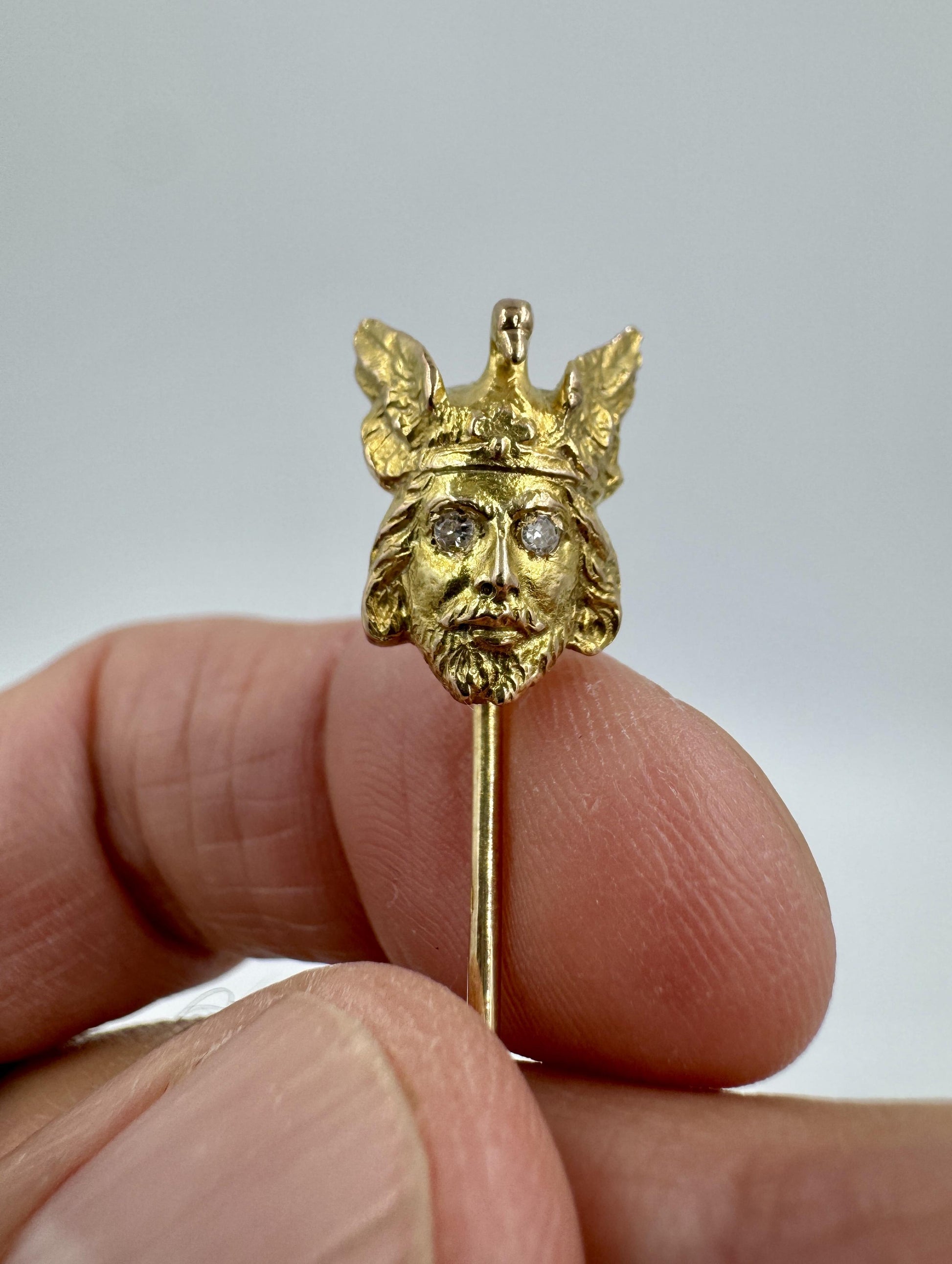 Mythological 12k Yellow Gold Man Swan Stick Pin Diamond Eyes