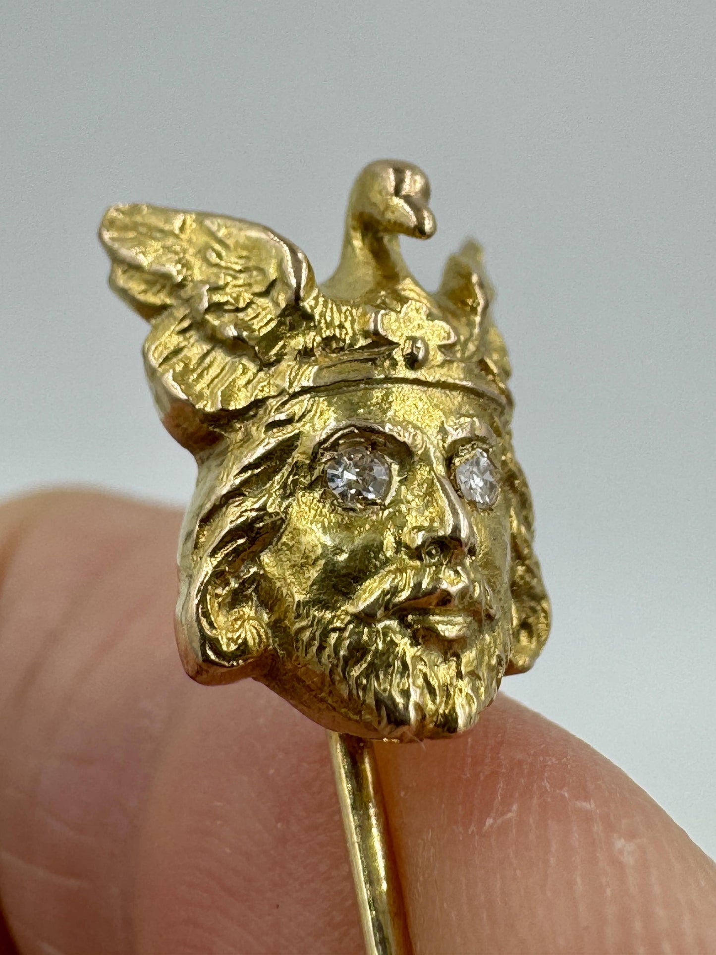 Mythological 12k Yellow Gold Man Swan Stick Pin Diamond Eyes