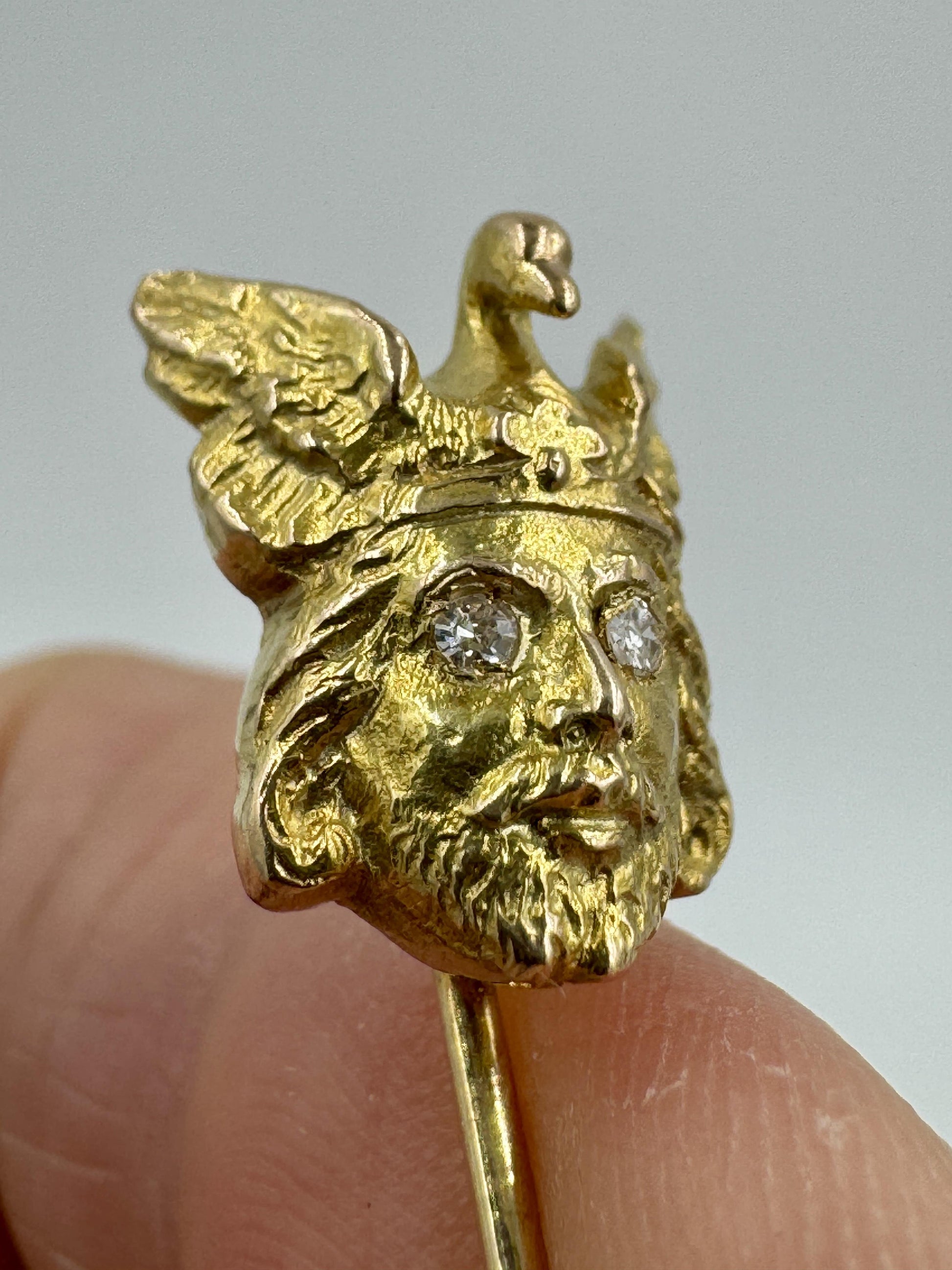 Mythological 12k Yellow Gold Man Swan Stick Pin Diamond Eyes