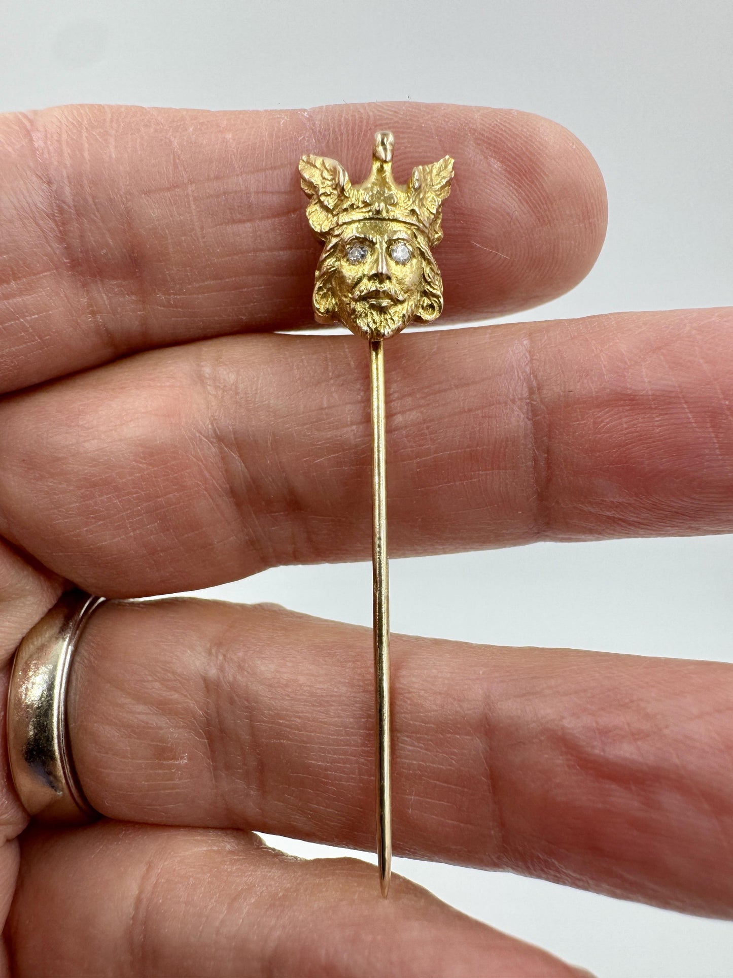 Mythological 12k Yellow Gold Man Swan Stick Pin Diamond Eyes