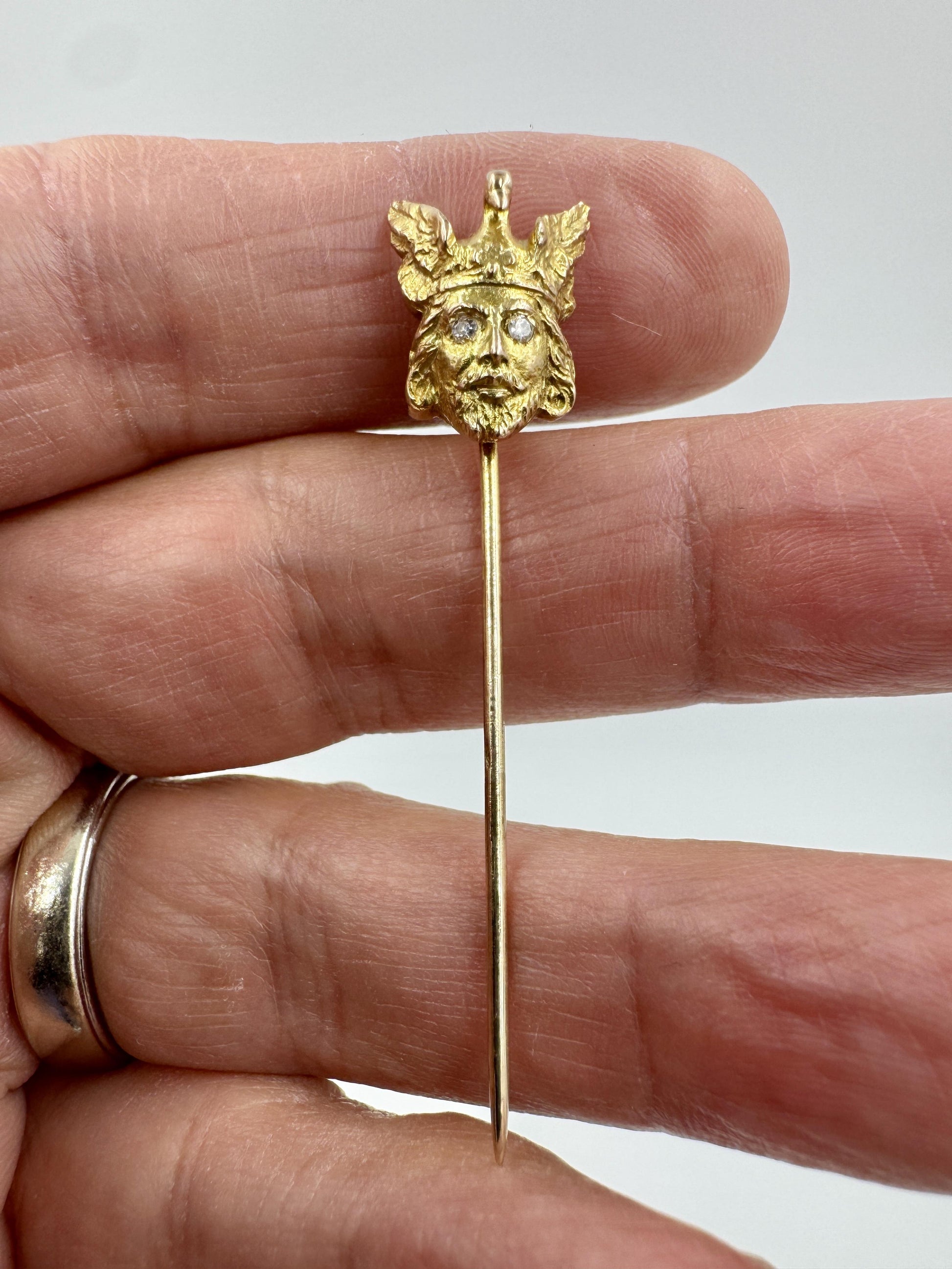 Mythological 12k Yellow Gold Man Swan Stick Pin Diamond Eyes