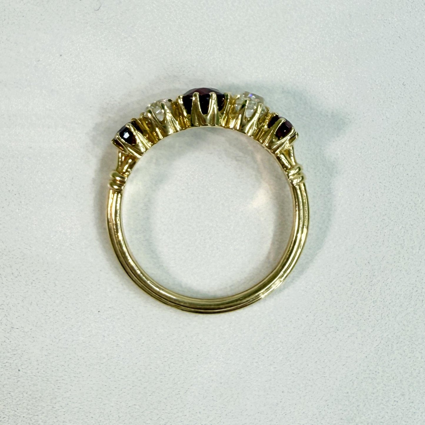 Antique 1910 Edwardian Ruby and Old Mine Cut Diamond Band Ring 18k Yellow Gold