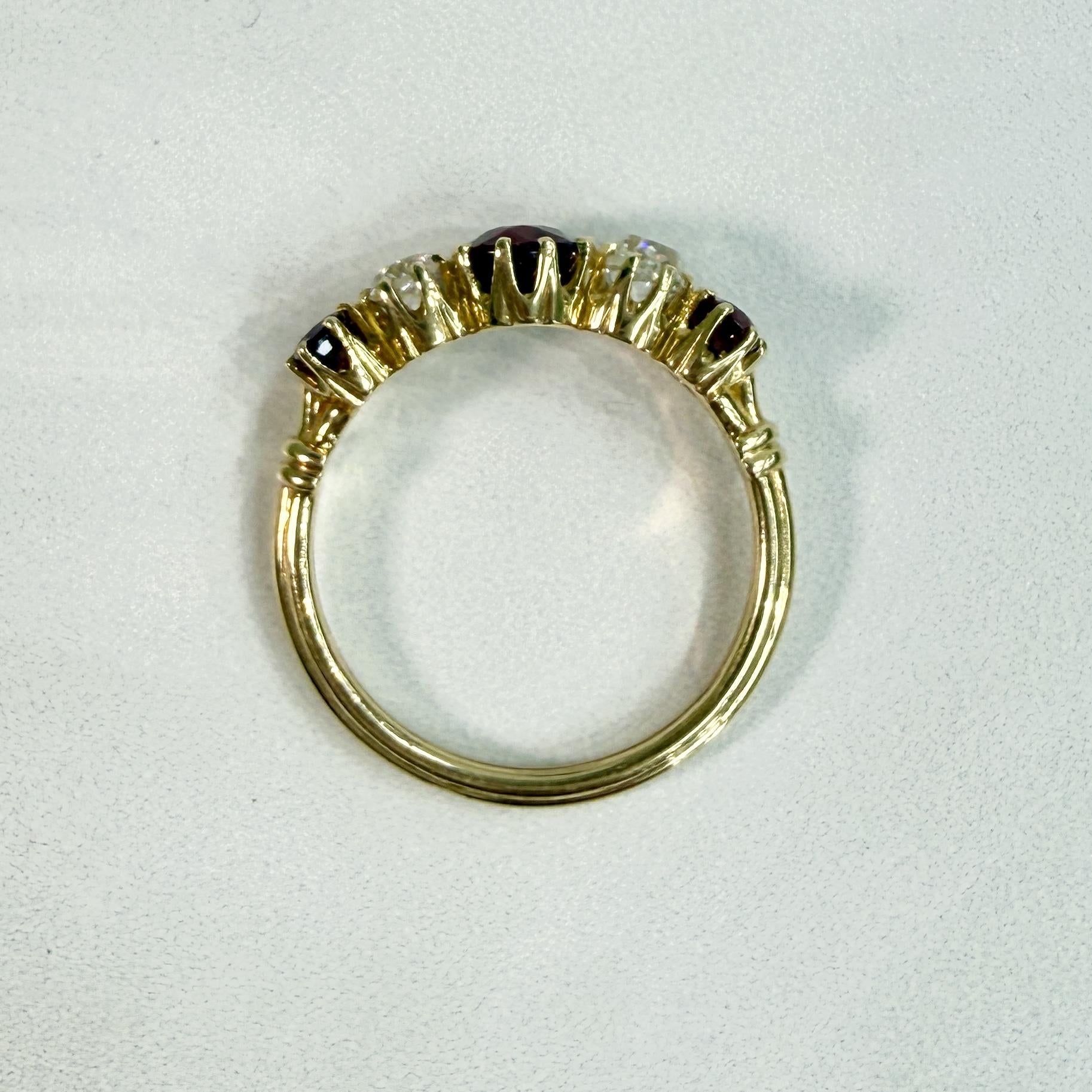 Antique 1910 Edwardian Ruby and Old Mine Cut Diamond Band Ring 18k Yellow Gold
