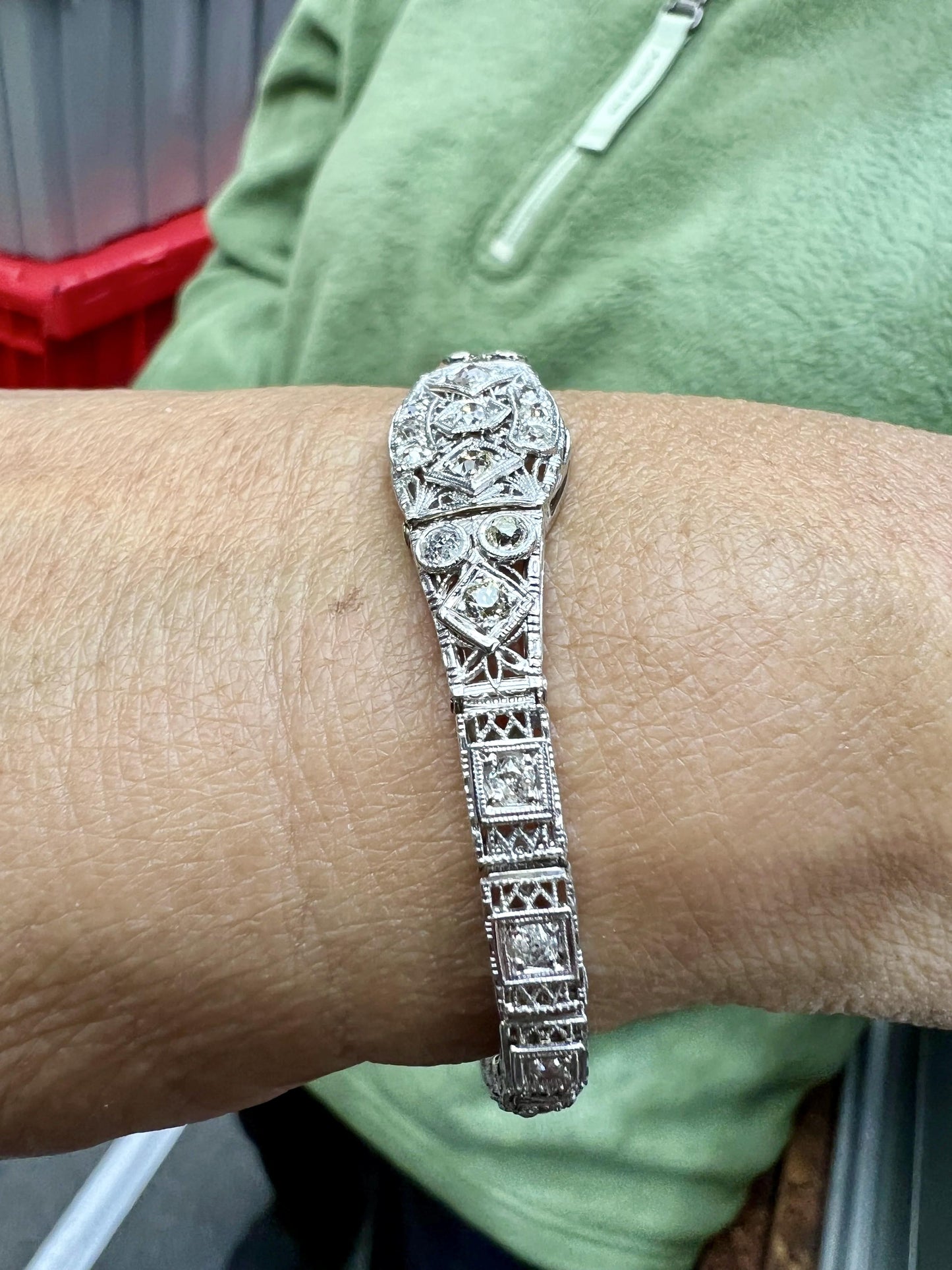 1930s Art Deco Filigree Diamond White Gold Bracelet