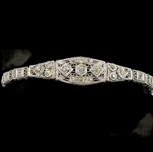 1930s Art Deco Filigree Diamond White Gold Bracelet