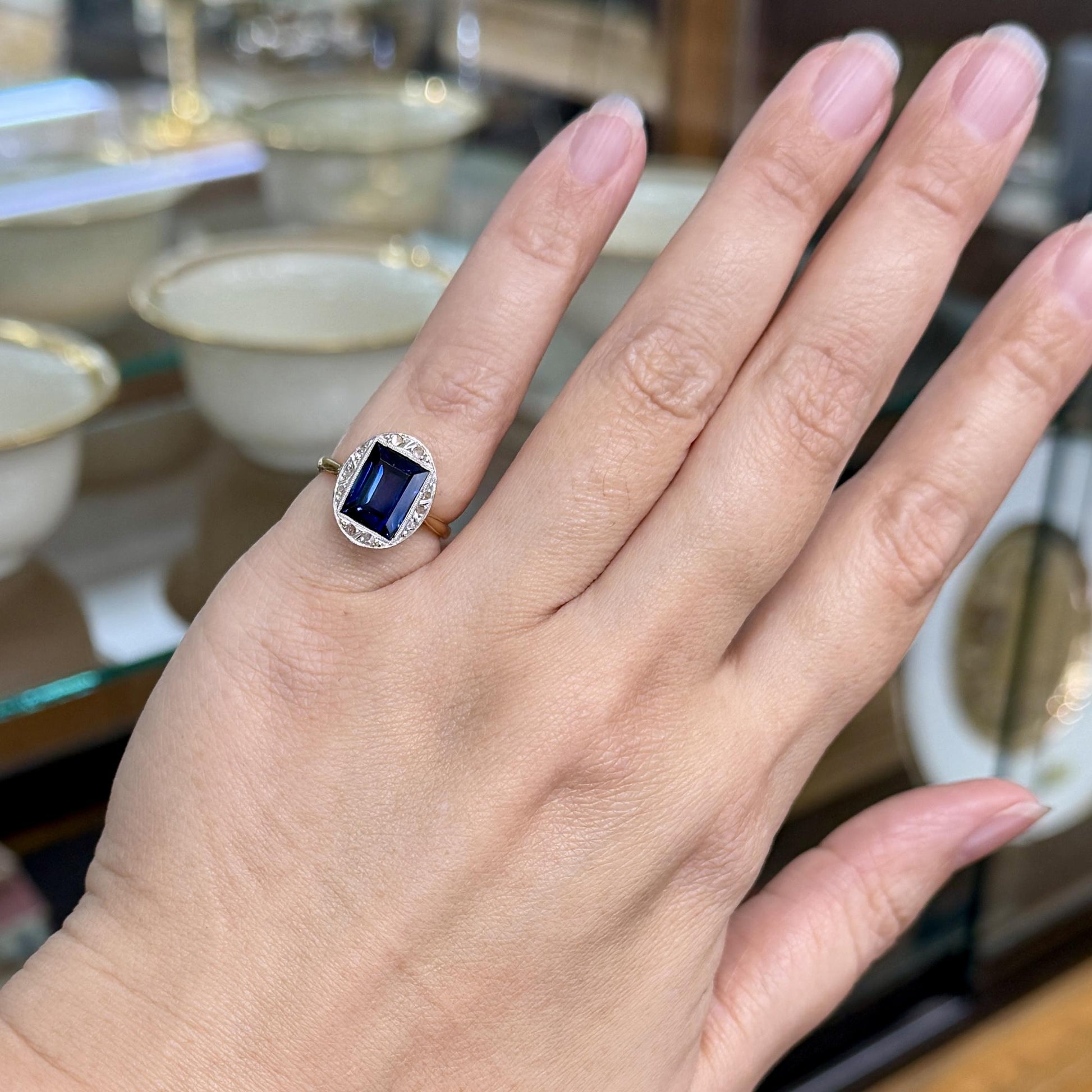 Antique 1930's Lab Grown Sapphire and Rose Cut Diamond Ring 18k Gold