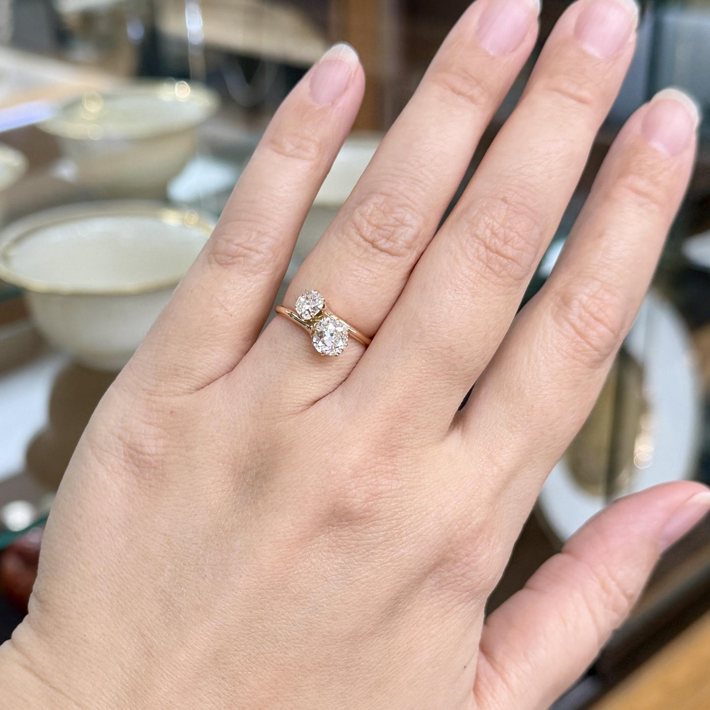 Antique 1890's Victorian Toi Et Moi Old Mine Cut Diamond Bypass Ring 14k Yellow