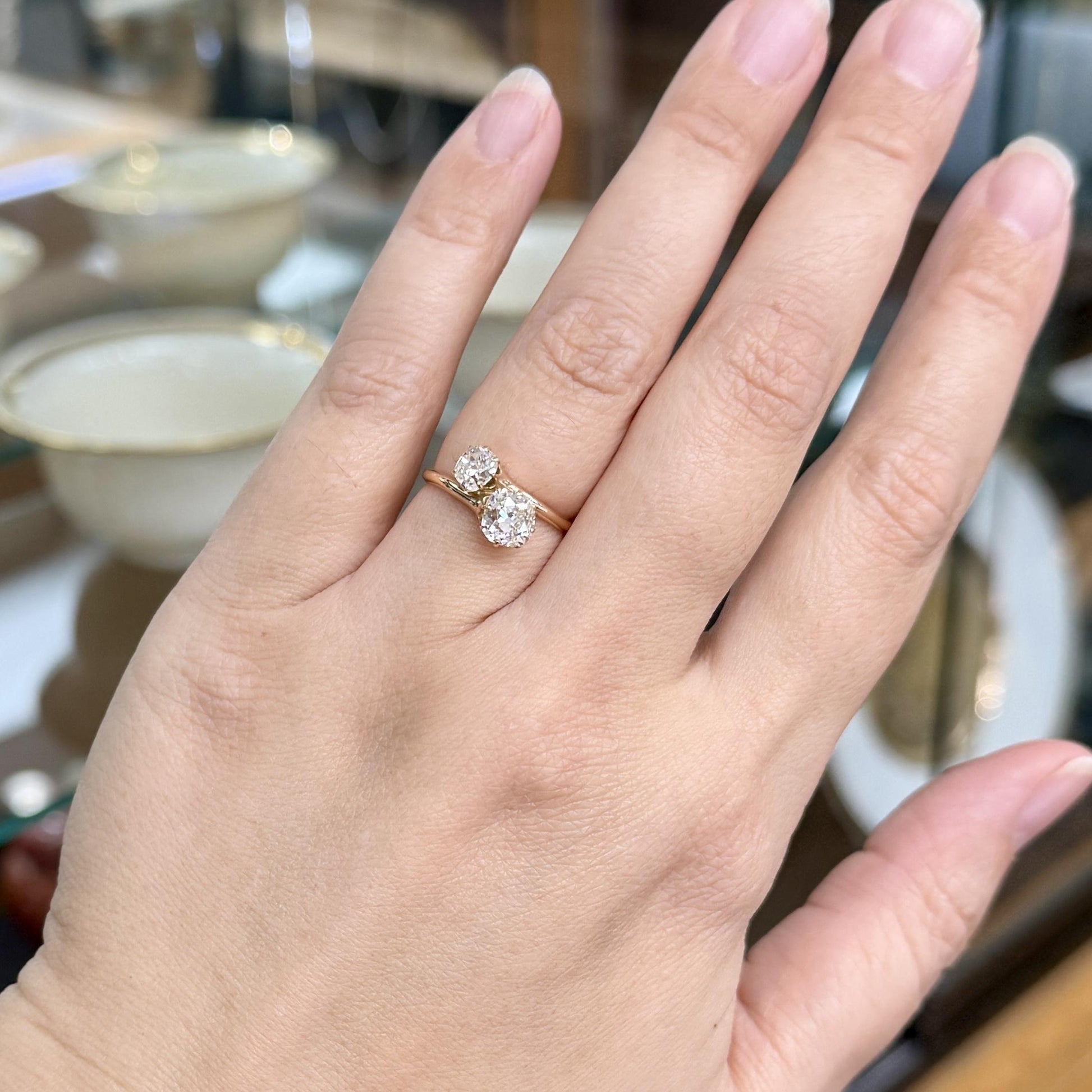 Antique 1890's Victorian Toi Et Moi Old Mine Cut Diamond Bypass Ring 14k Yellow