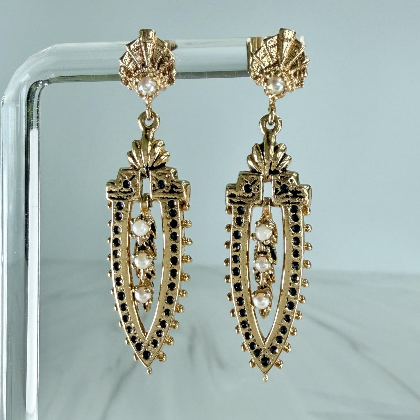 Vintage 1960's Seed Pearl Drop Dangle Earrings 14k Yellow Gold