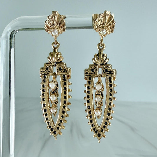 Vintage 1960's Seed Pearl Drop Dangle Earrings 14k Yellow Gold
