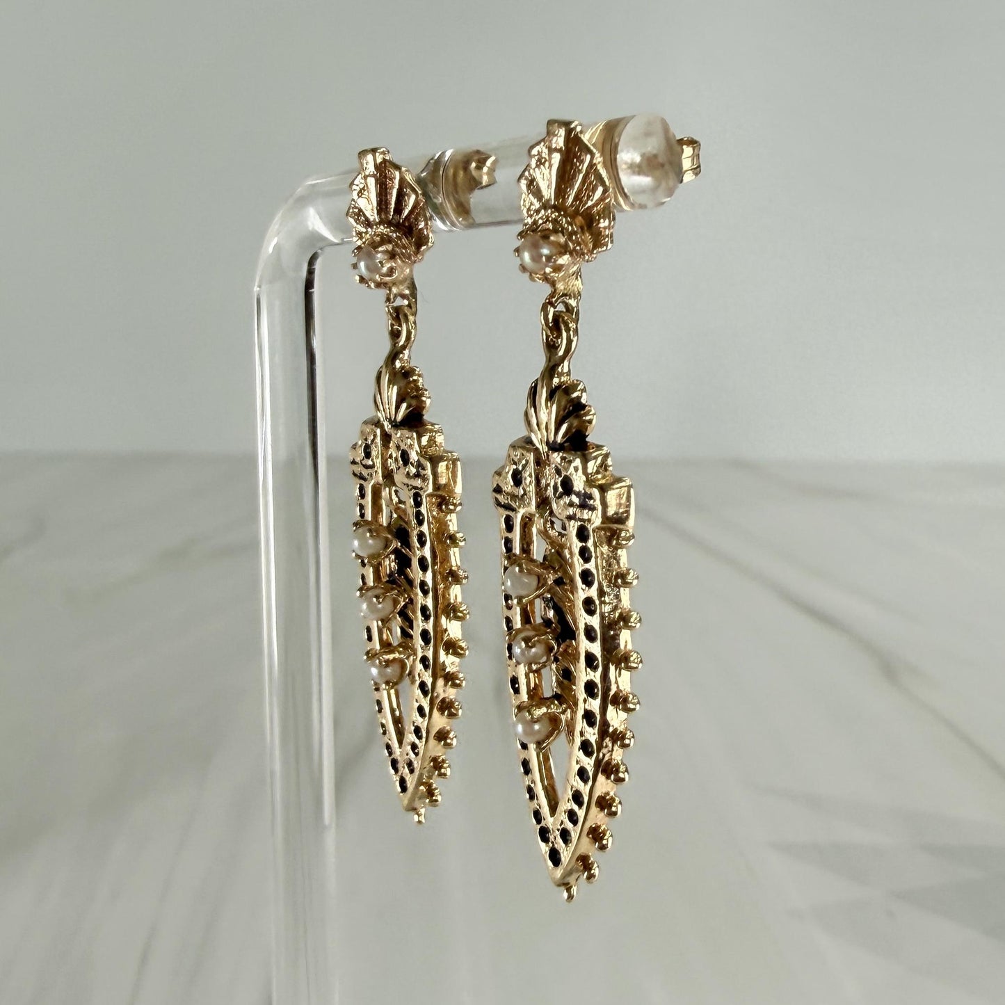 Vintage 1960's Seed Pearl Drop Dangle Earrings 14k Yellow Gold