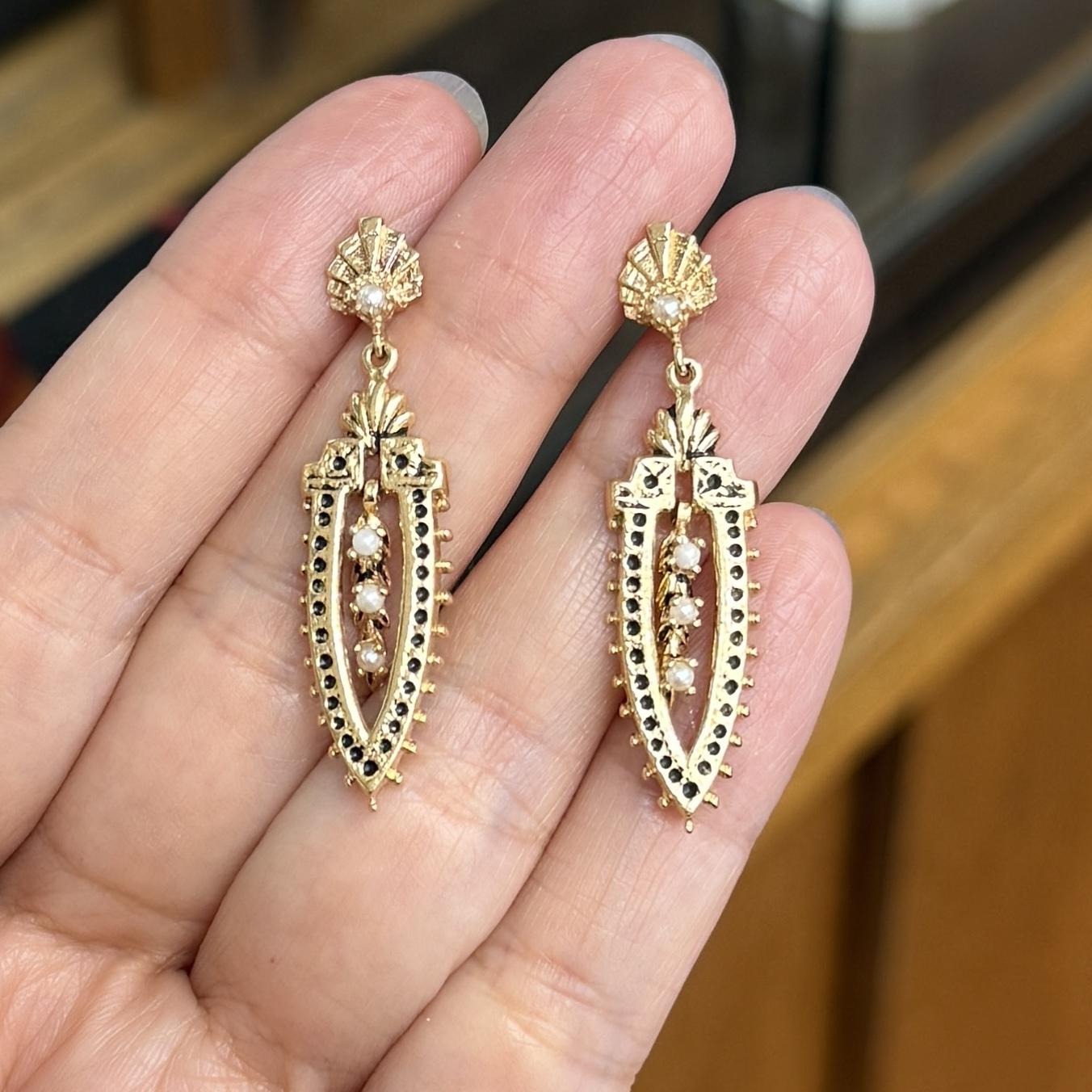 Vintage 1960's Seed Pearl Drop Dangle Earrings 14k Yellow Gold