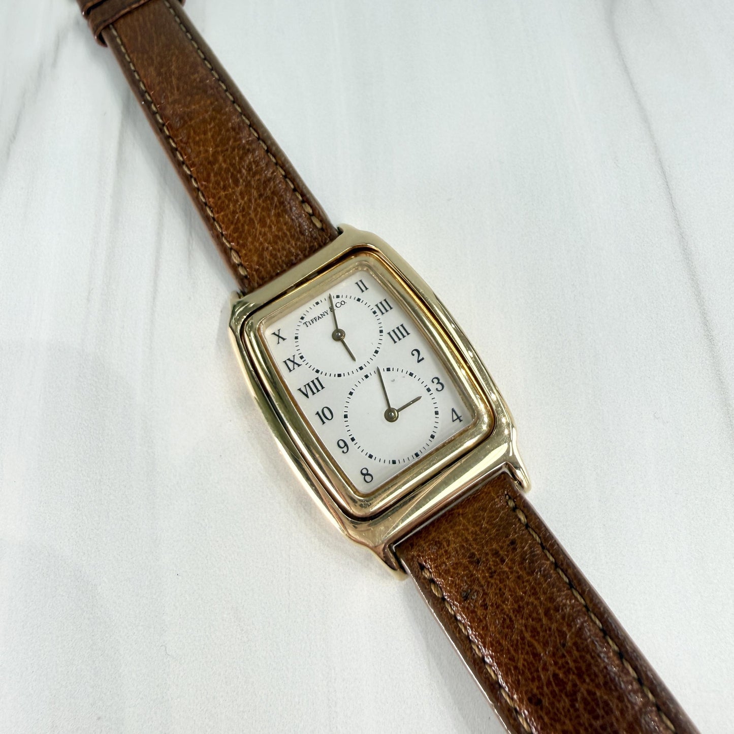 Vintage 1990's Tiffany & Co. Dual Time Quartz Flip Watch 18k Yellow Gold