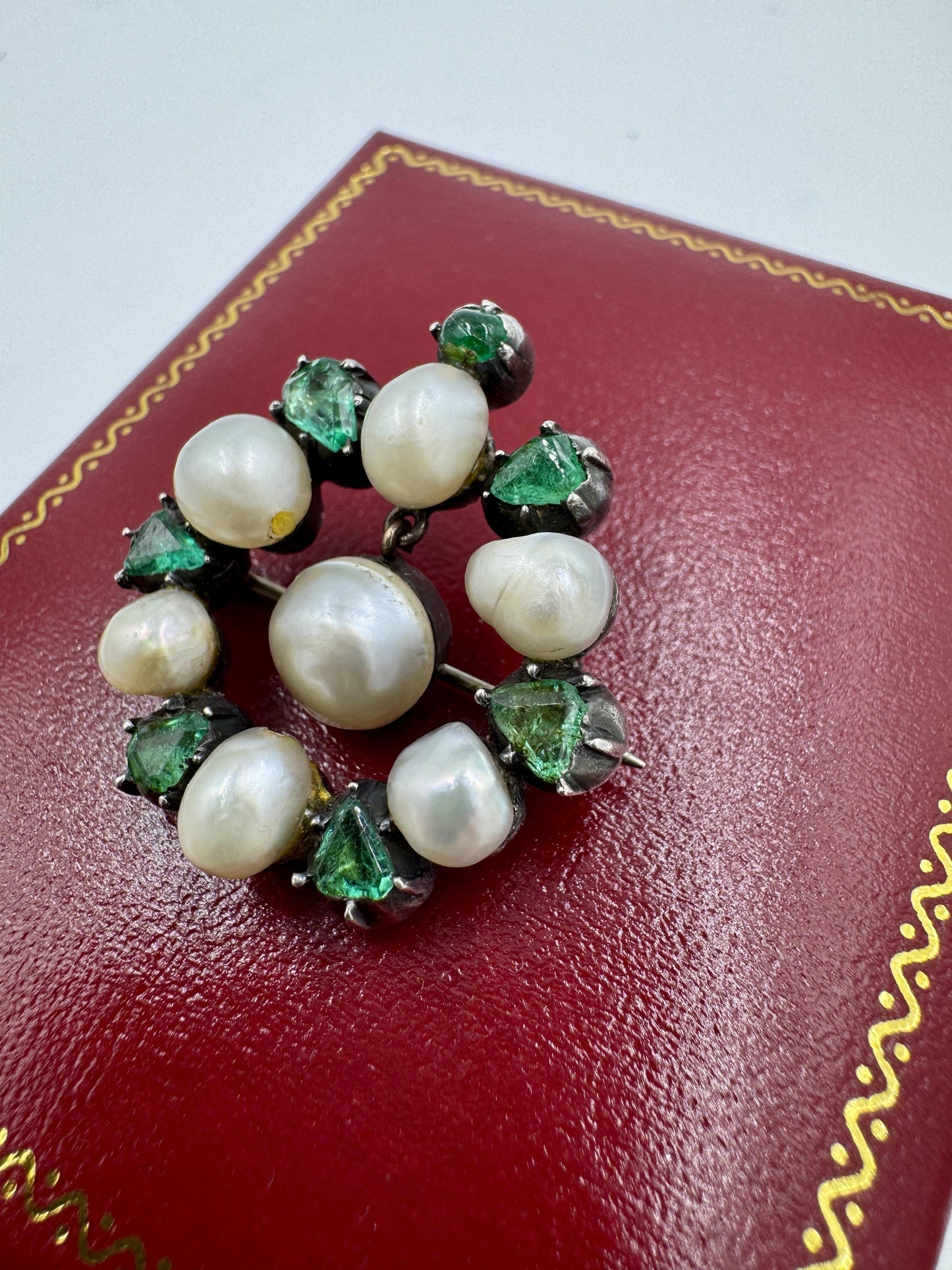 Victorian Emerald Pearl Brooch Silver On Gold