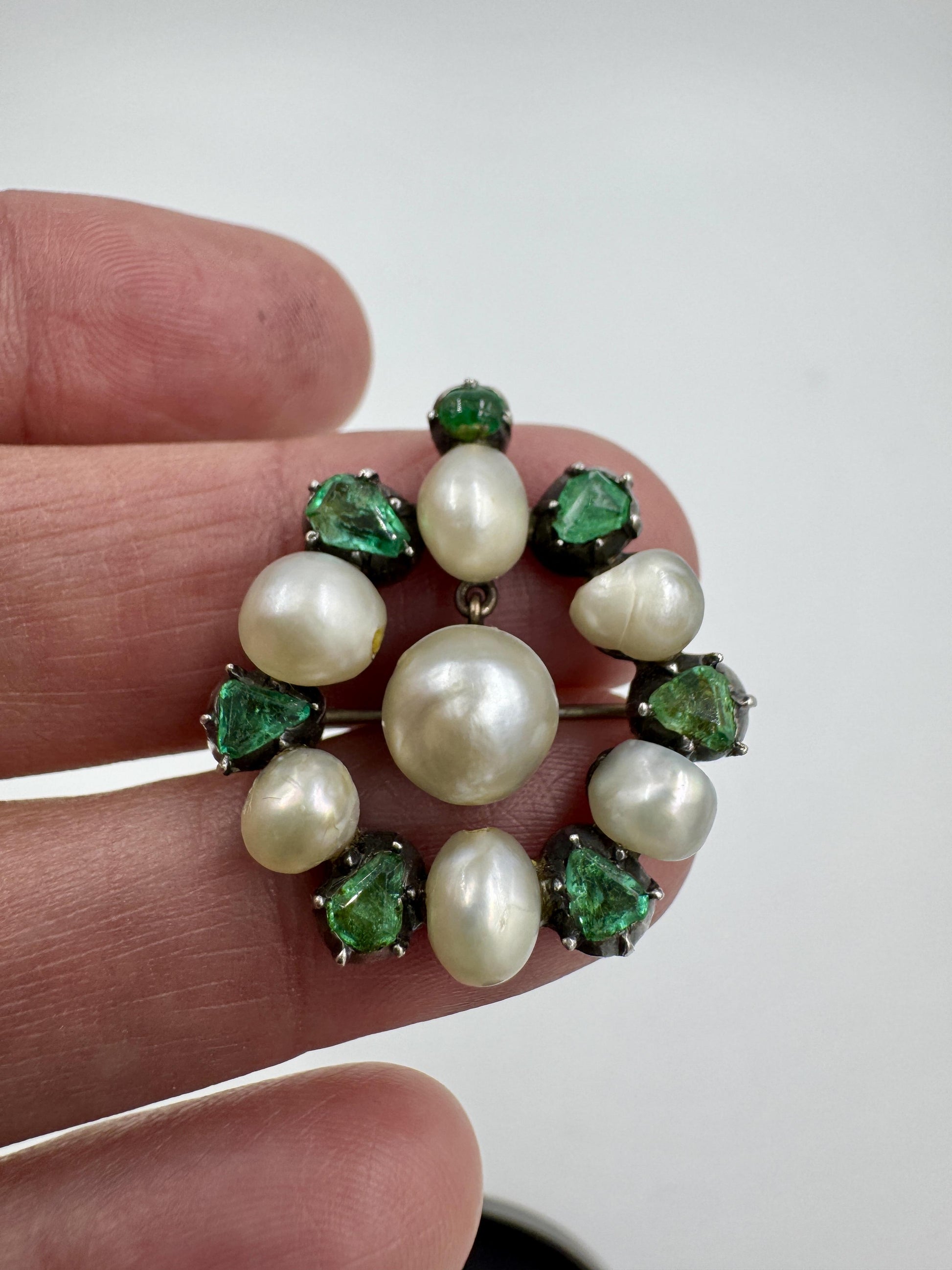 Victorian Emerald Pearl Brooch Silver On Gold