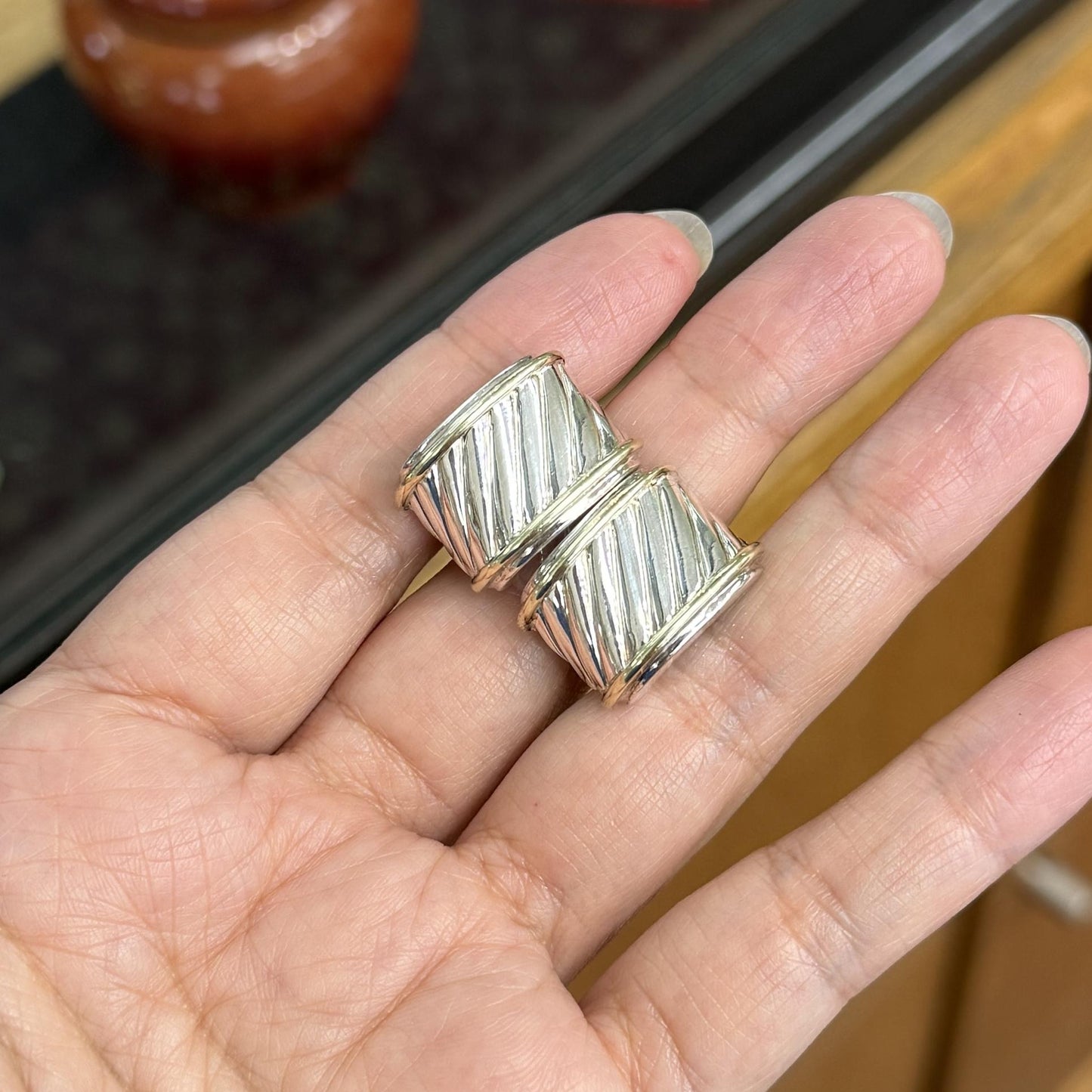 David Yurman Grooved Omega Back Earrings Silver and 14k Yellow Gold