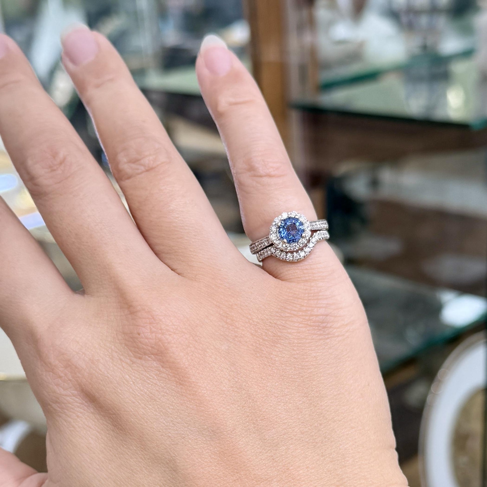 Ceylon Sapphire and Diamond Bridal Set Rings 14k White Gold