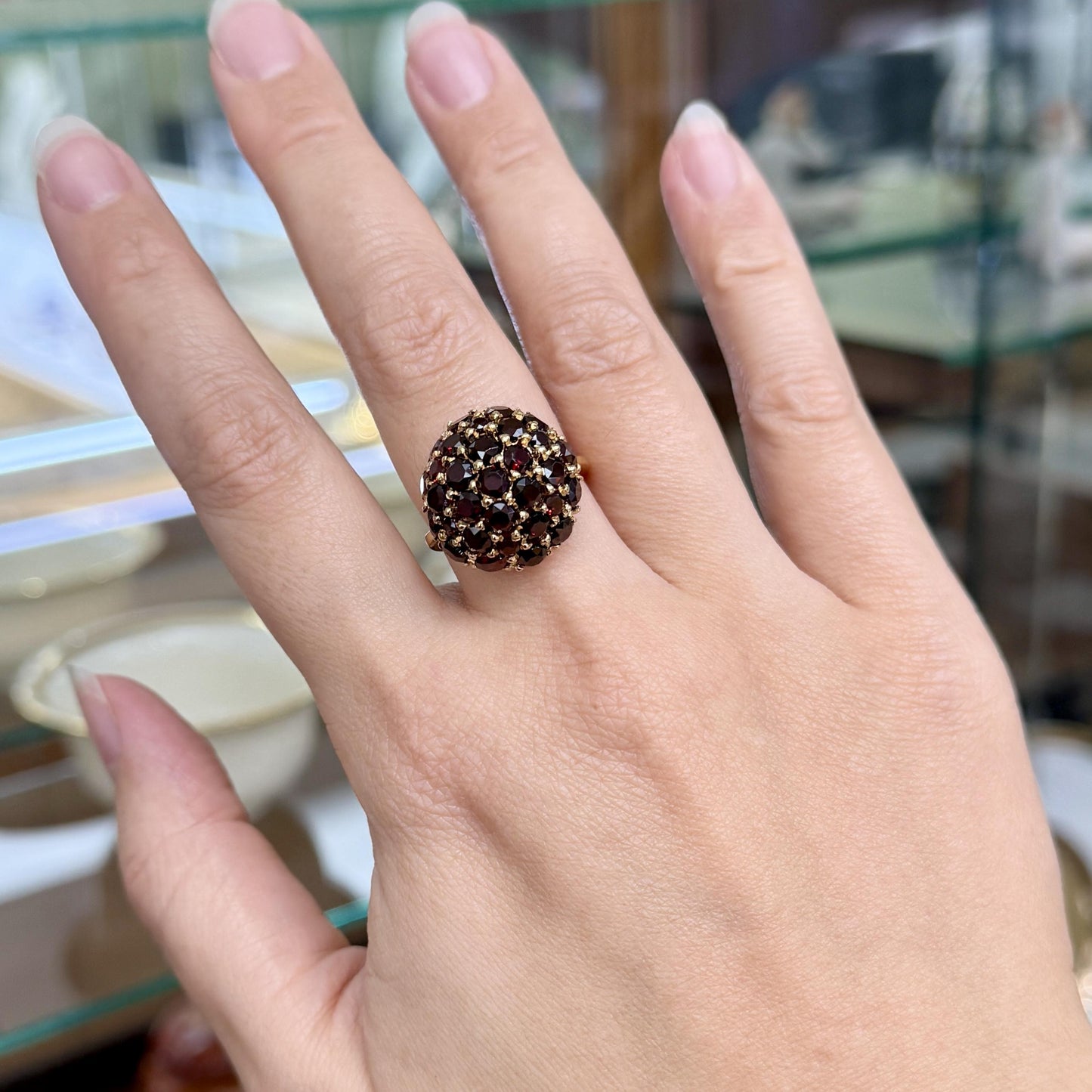 Vintage 1970's Red Garnet Cluster Ring 18k Yellow Gold