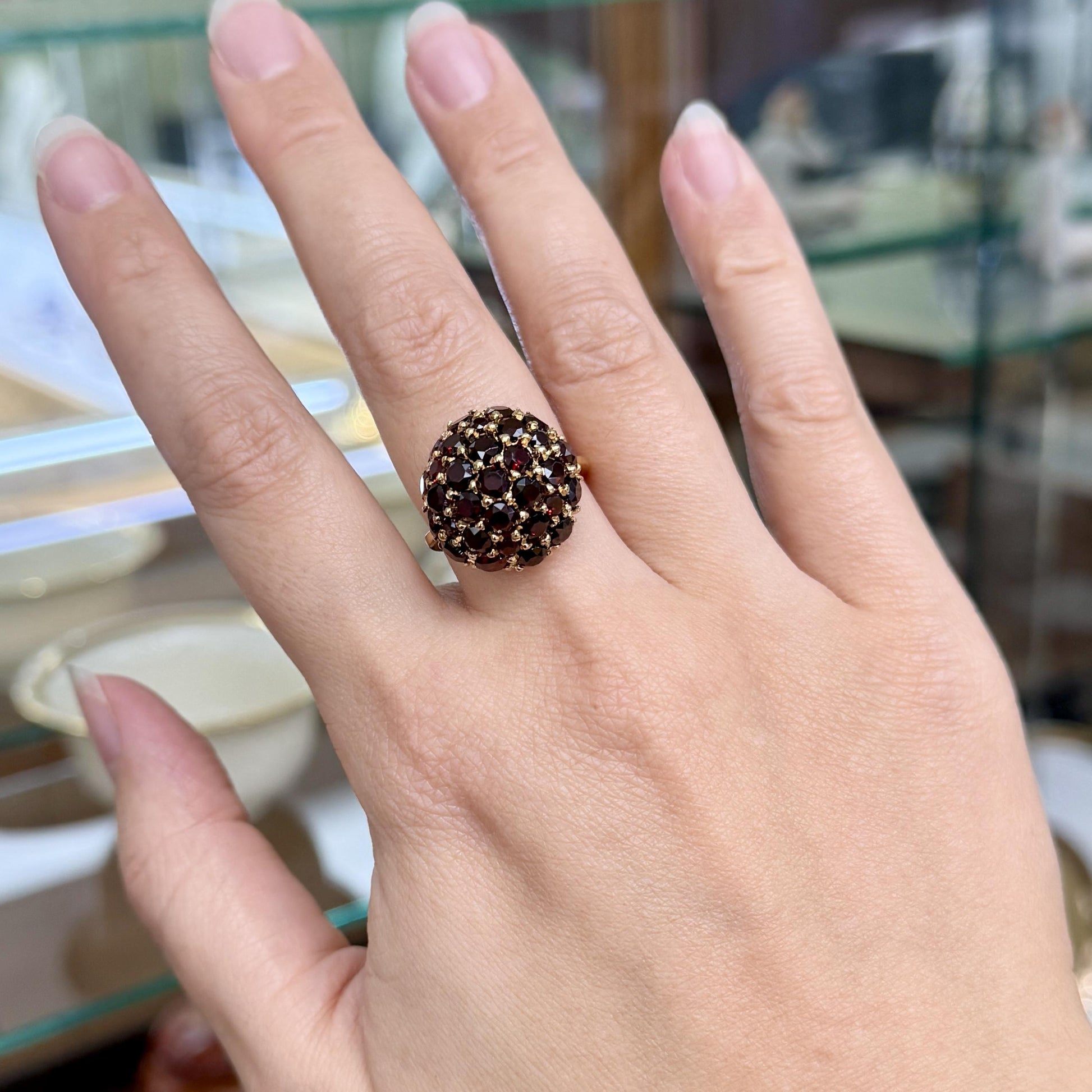 Vintage 1970's Red Garnet Cluster Ring 18k Yellow Gold
