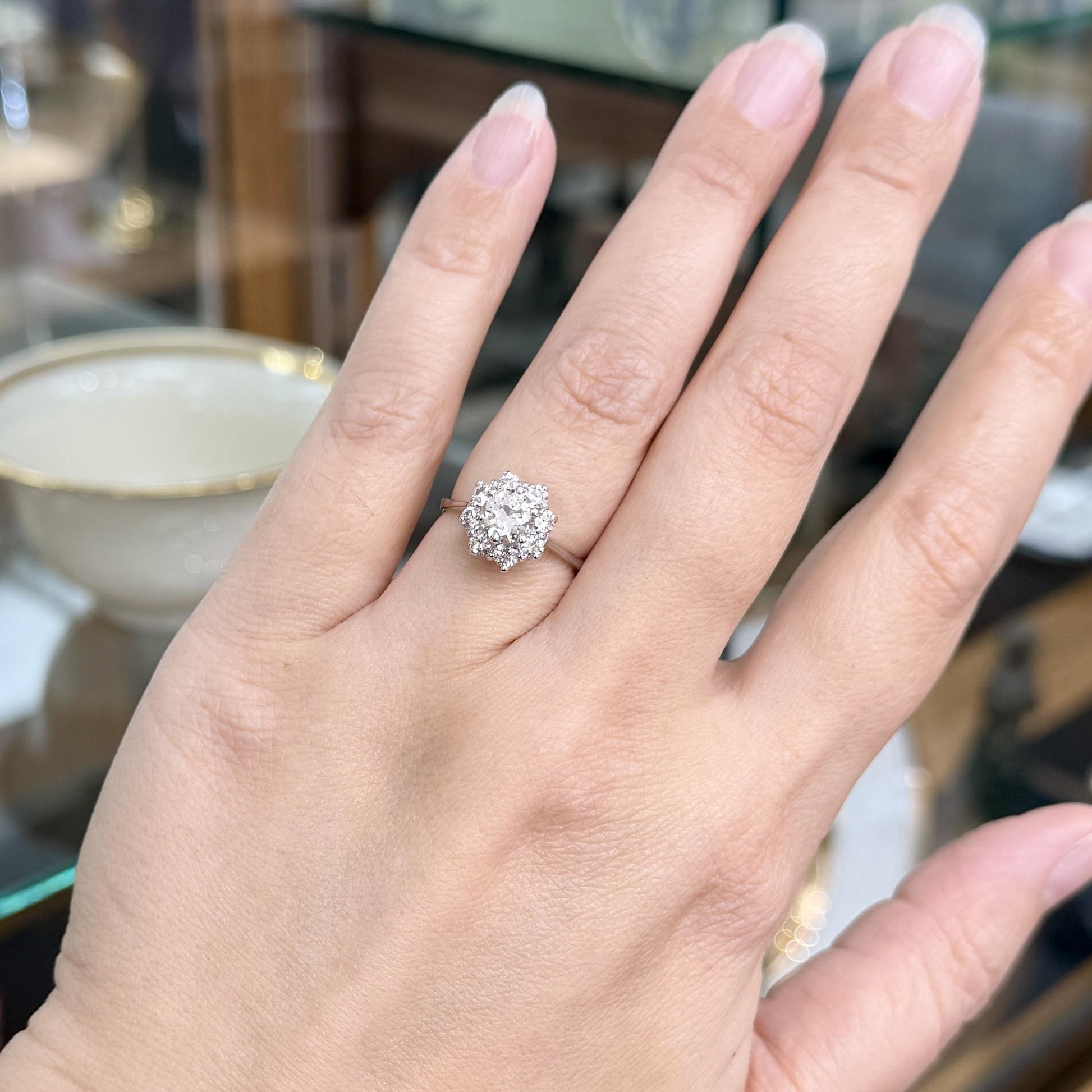 Vintage Diamond Halo Engagement Ring 18k White Gold