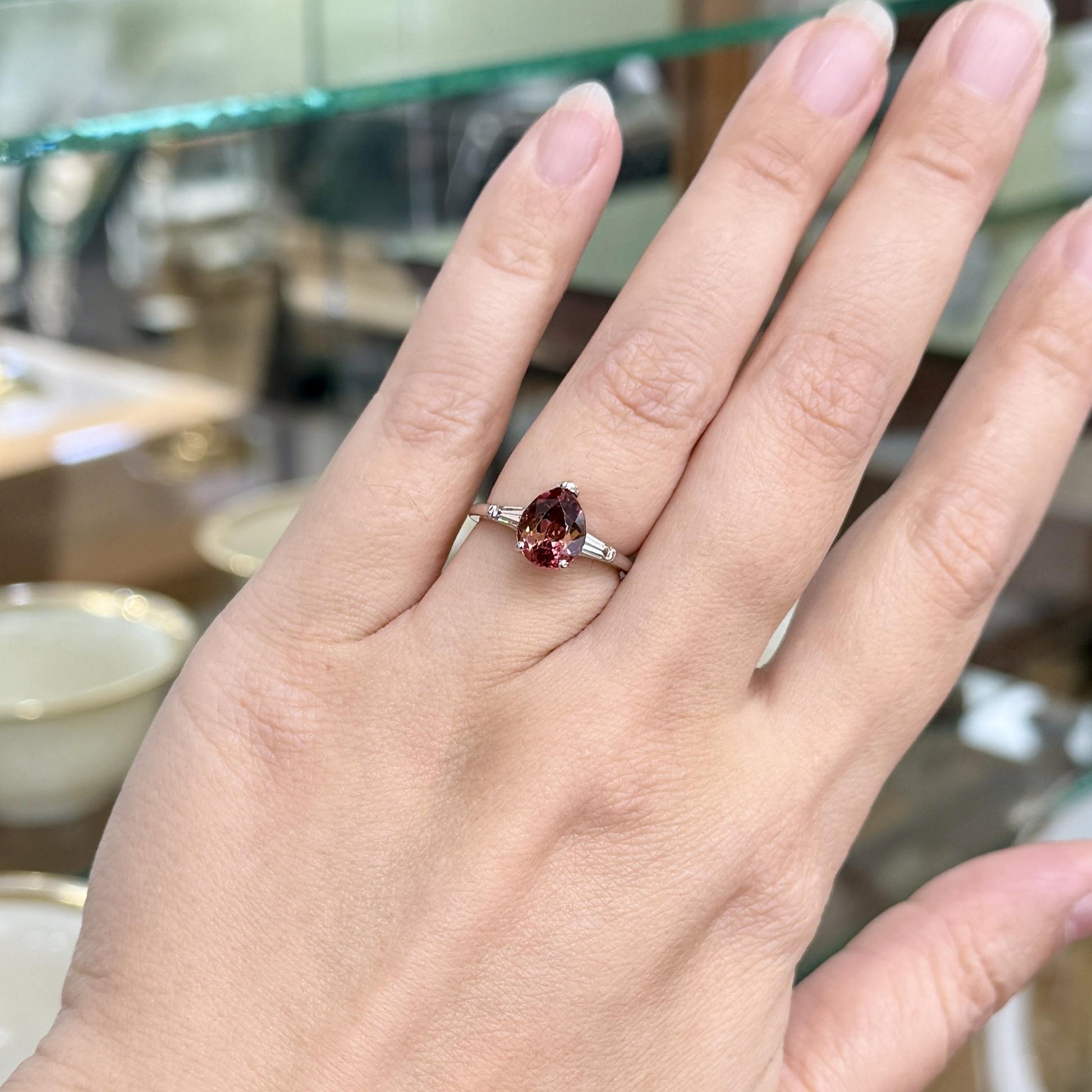 Vintage Pink Tourmaline Pear and Diamond Baguette Ring Platinum