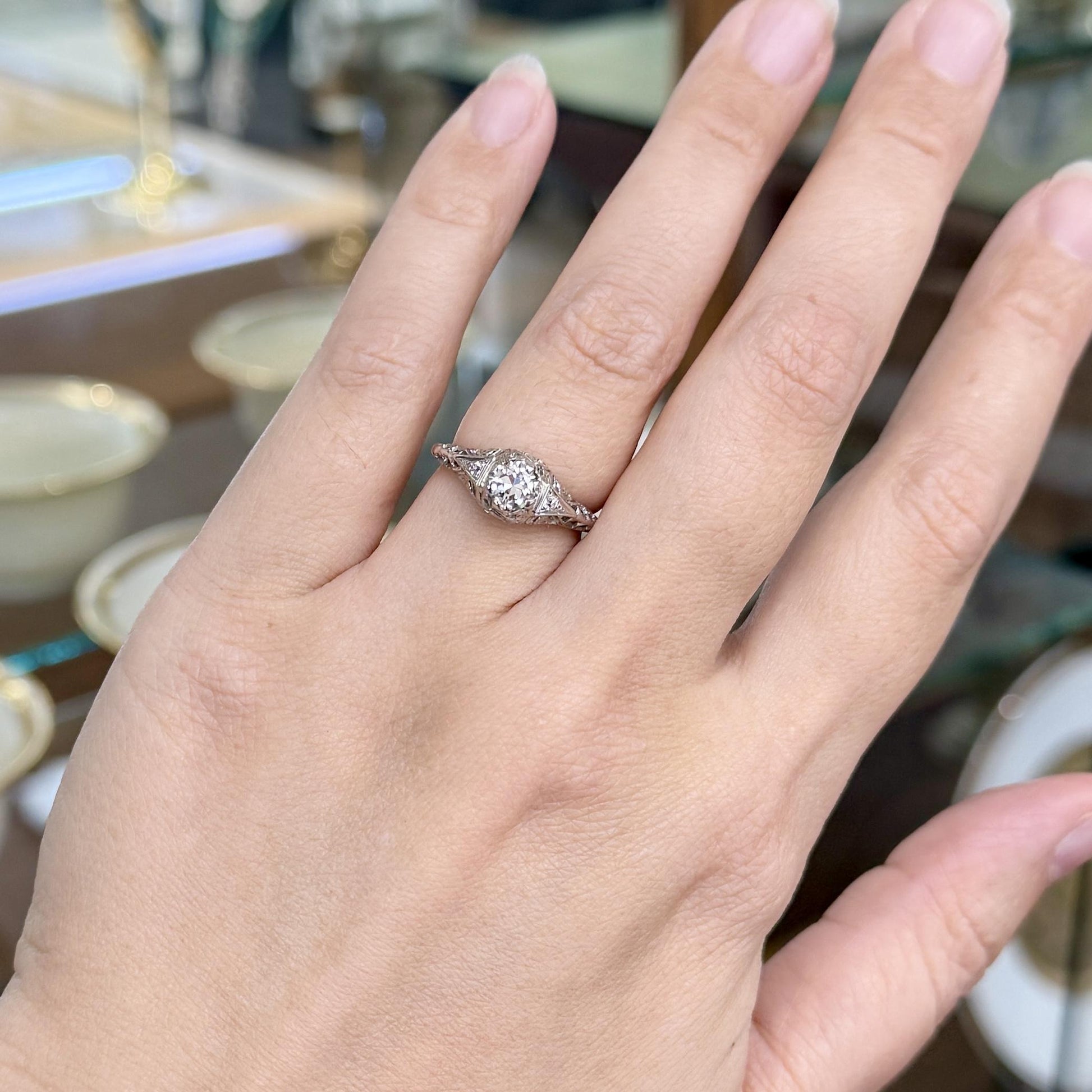 Antique 1914 Art Deco Transitional Diamond Filigree Ring 18k White Gold