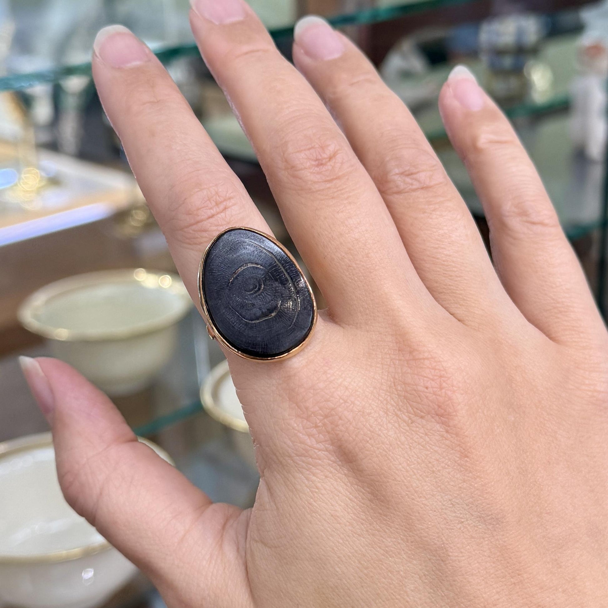 Hawaiian Black Coral Slice Ring 14k Yellow Gold