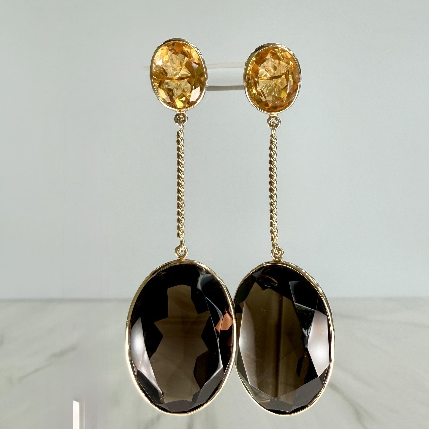 Smoky Quartz and Citrine Statement Dangle Earrings 14k Yellow Gold