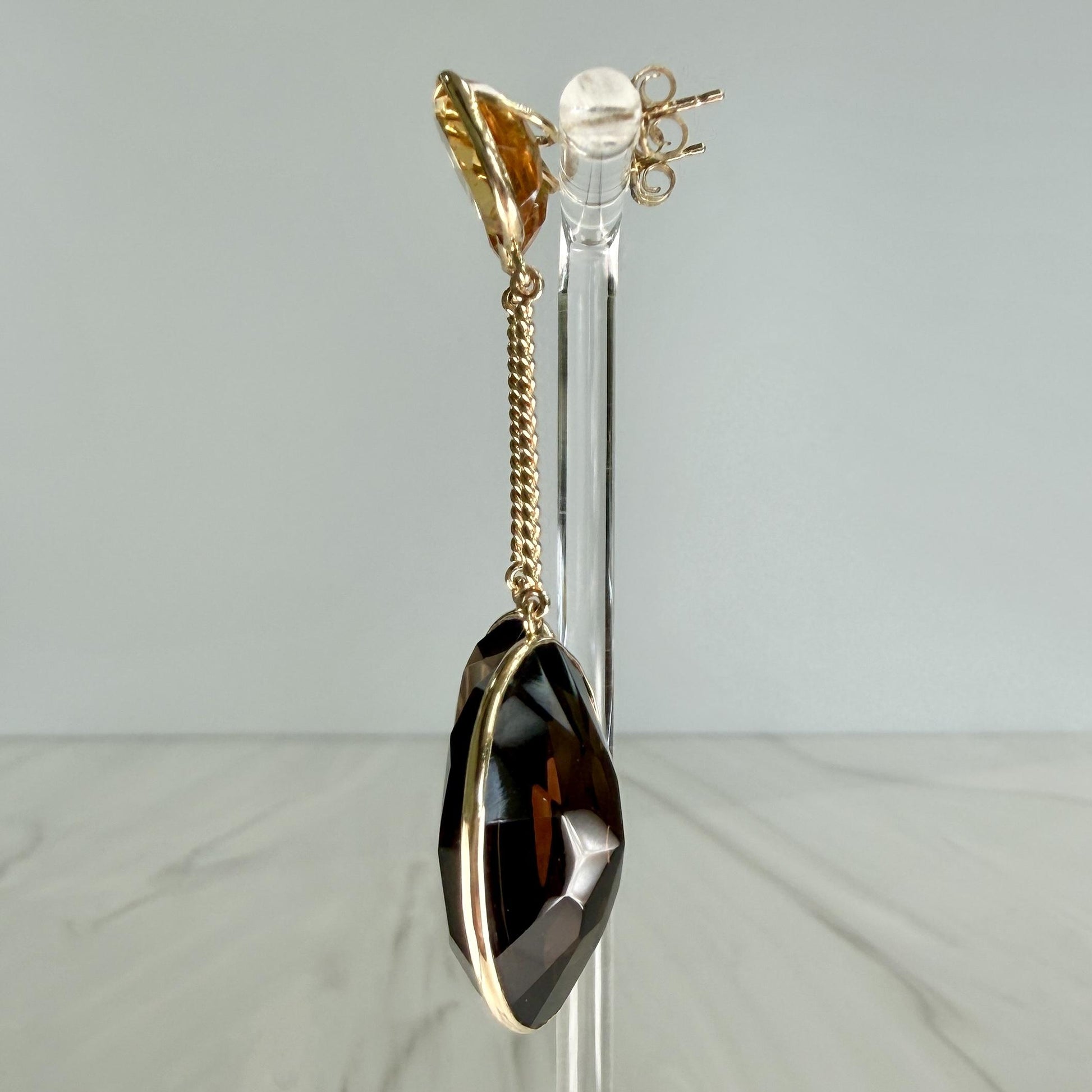 Smoky Quartz and Citrine Statement Dangle Earrings 14k Yellow Gold