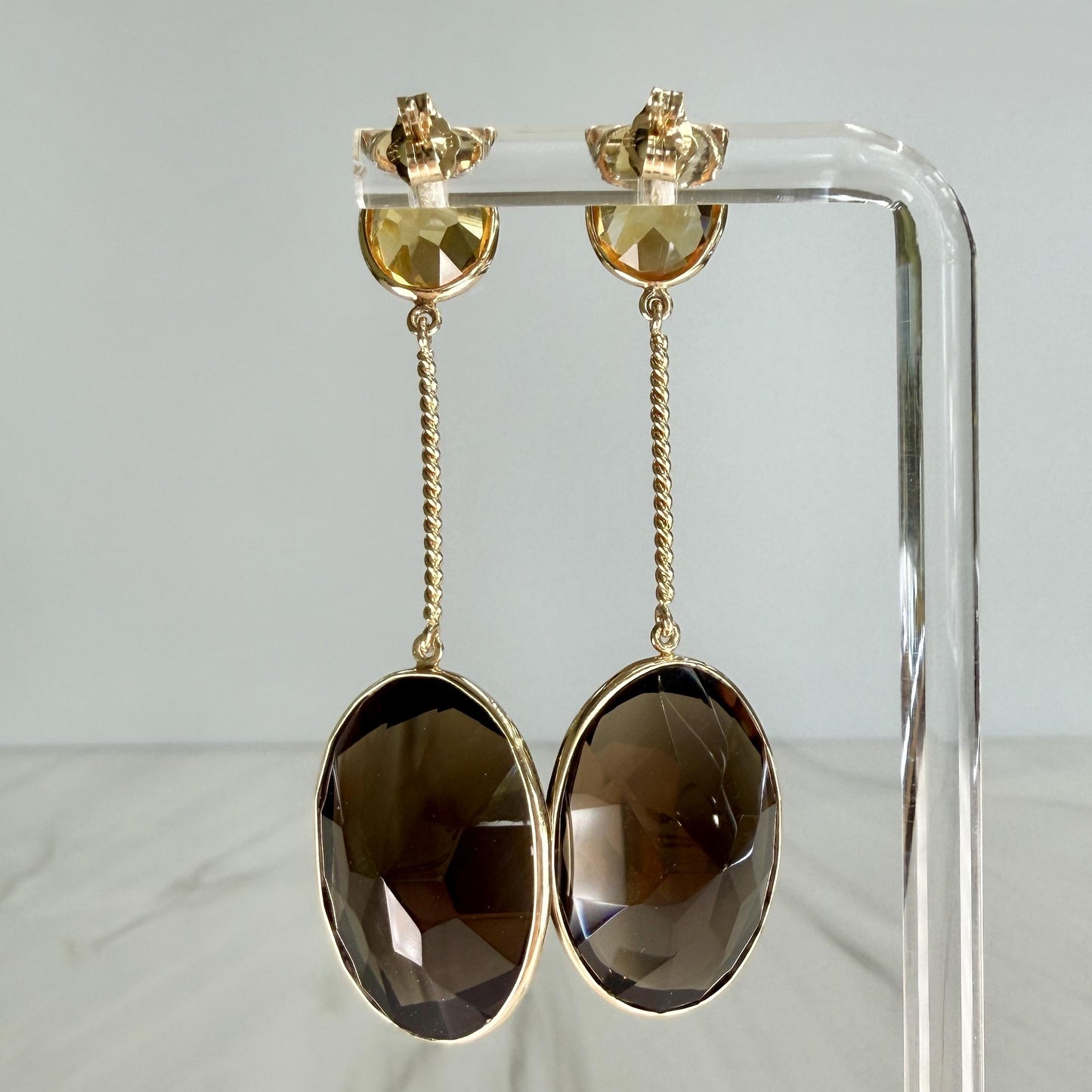 Smoky Quartz and Citrine Statement Dangle Earrings 14k Yellow Gold