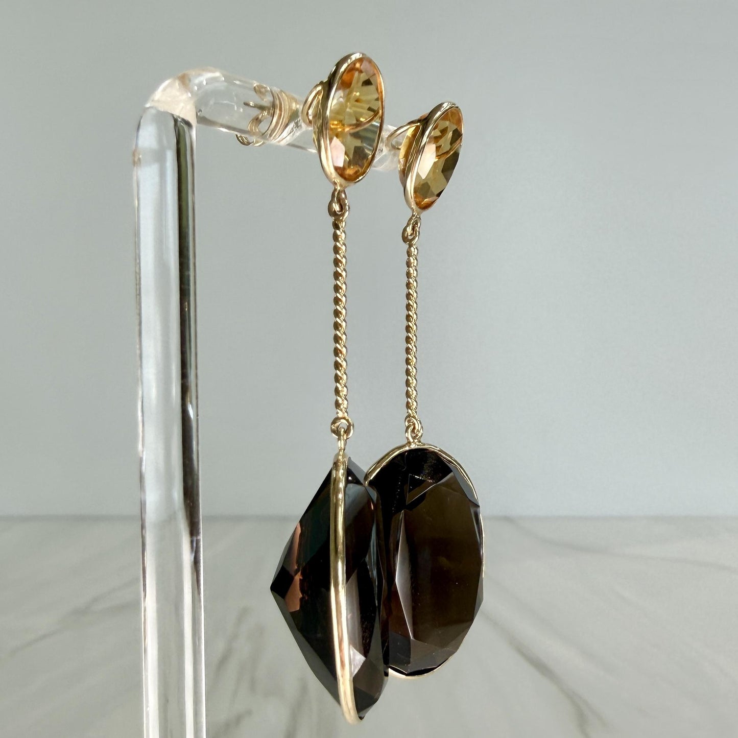 Smoky Quartz and Citrine Statement Dangle Earrings 14k Yellow Gold