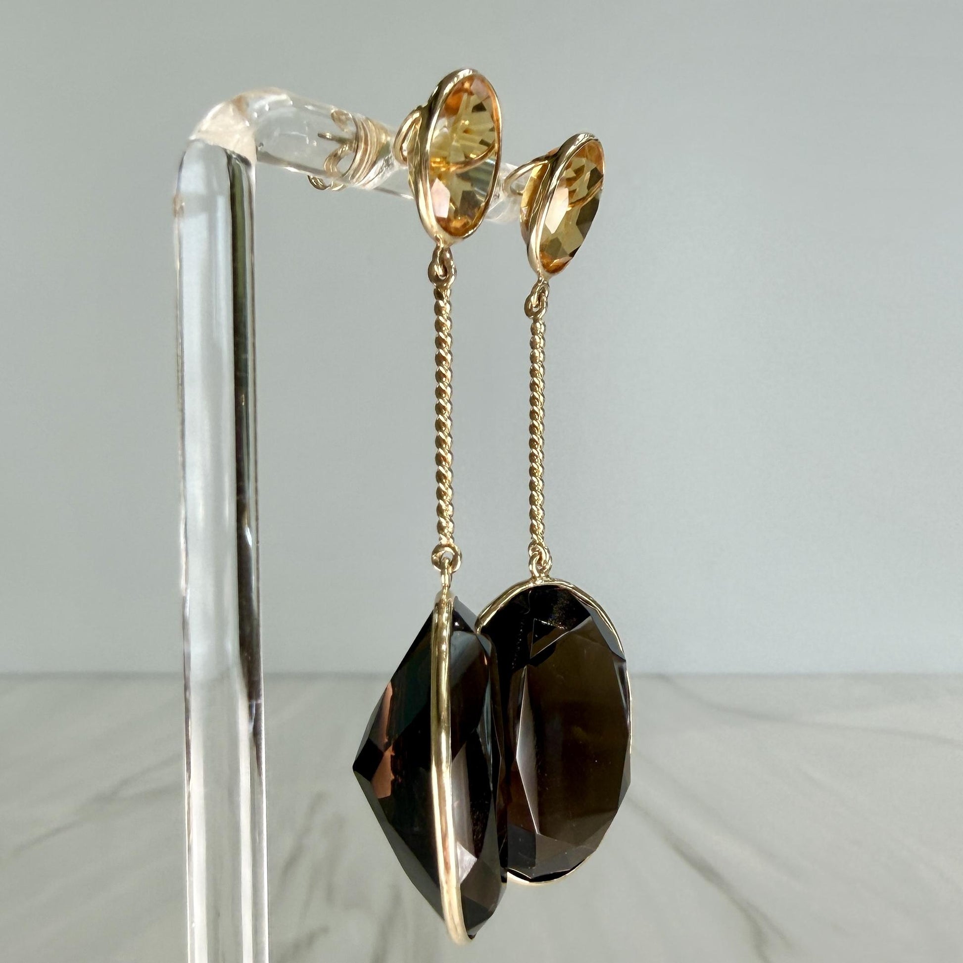 Smoky Quartz and Citrine Statement Dangle Earrings 14k Yellow Gold
