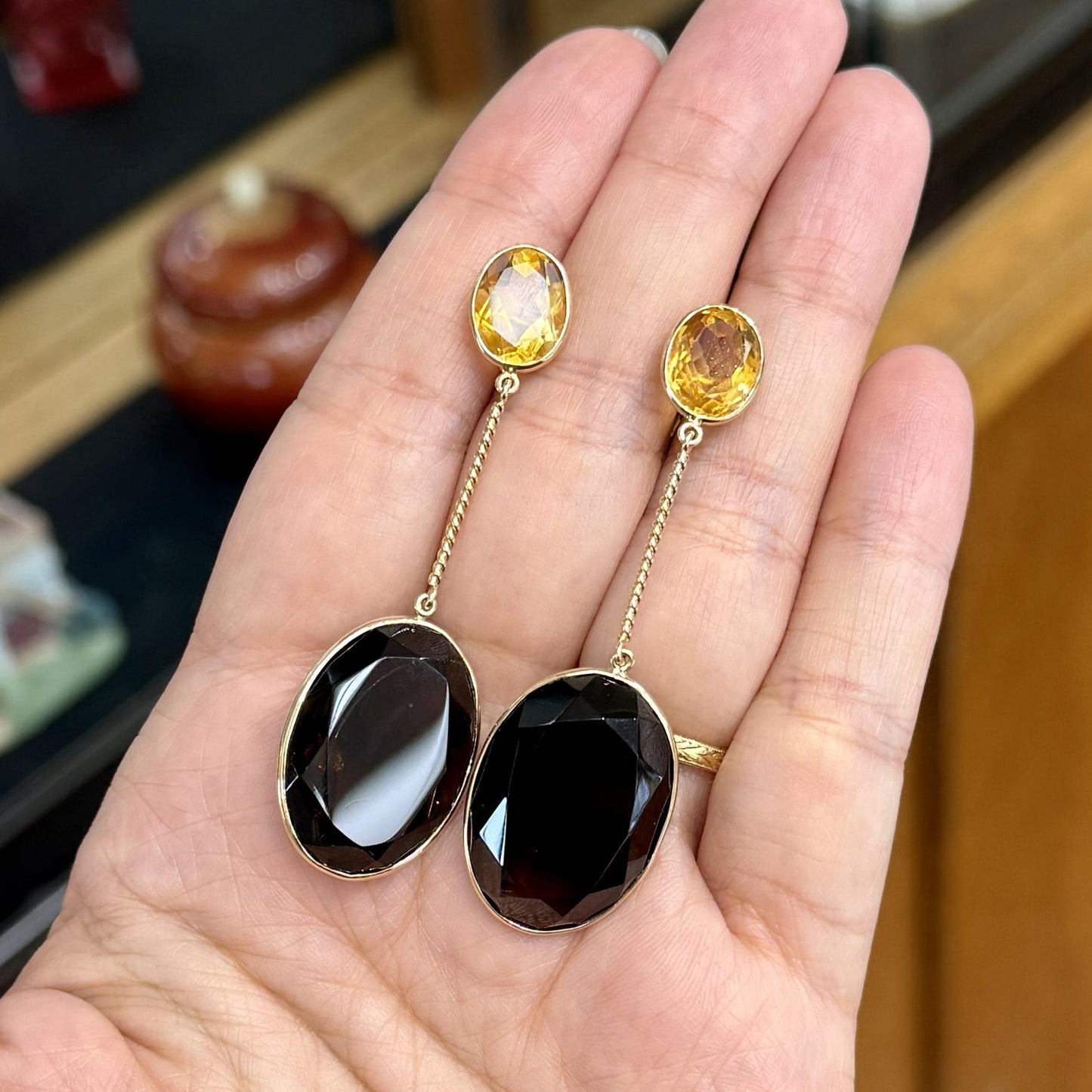 Smoky Quartz and Citrine Statement Dangle Earrings 14k Yellow Gold