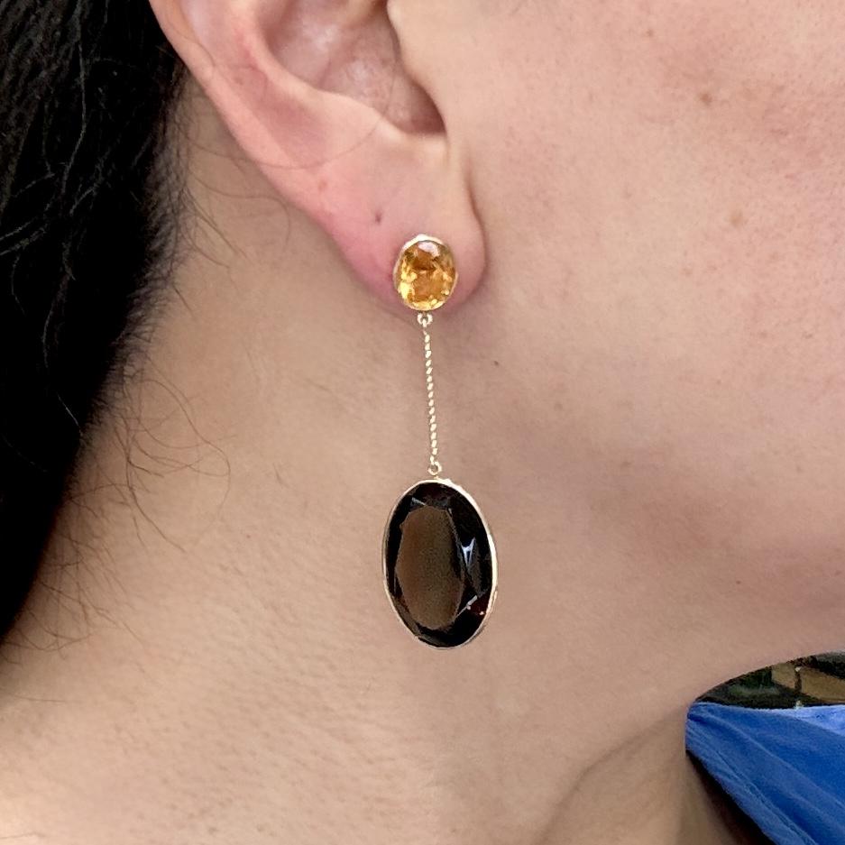 Smoky Quartz and Citrine Statement Dangle Earrings 14k Yellow Gold
