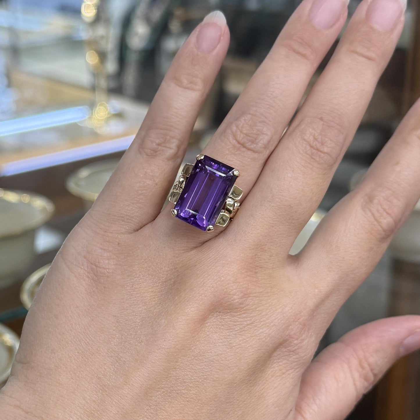 Vintage 1950's Retro Emerald Cut Amethyst Statement Ring 14k Yellow Gold