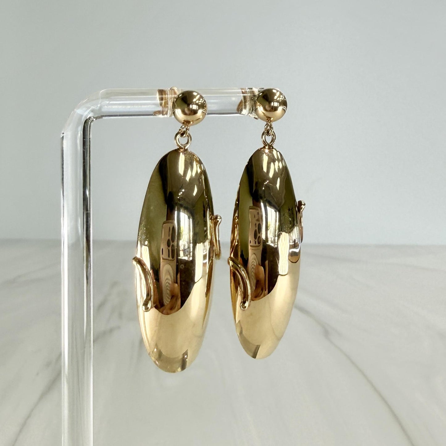Vintage Long Oval Dangling Earrings 14k Yellow Gold