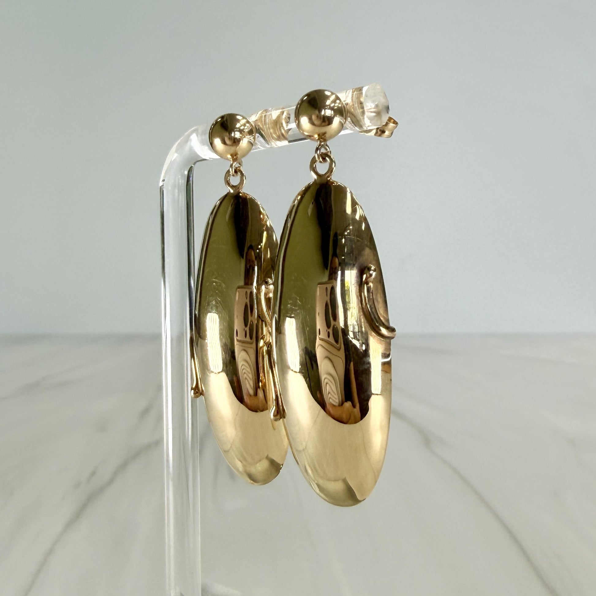 Vintage Long Oval Dangling Earrings 14k Yellow Gold